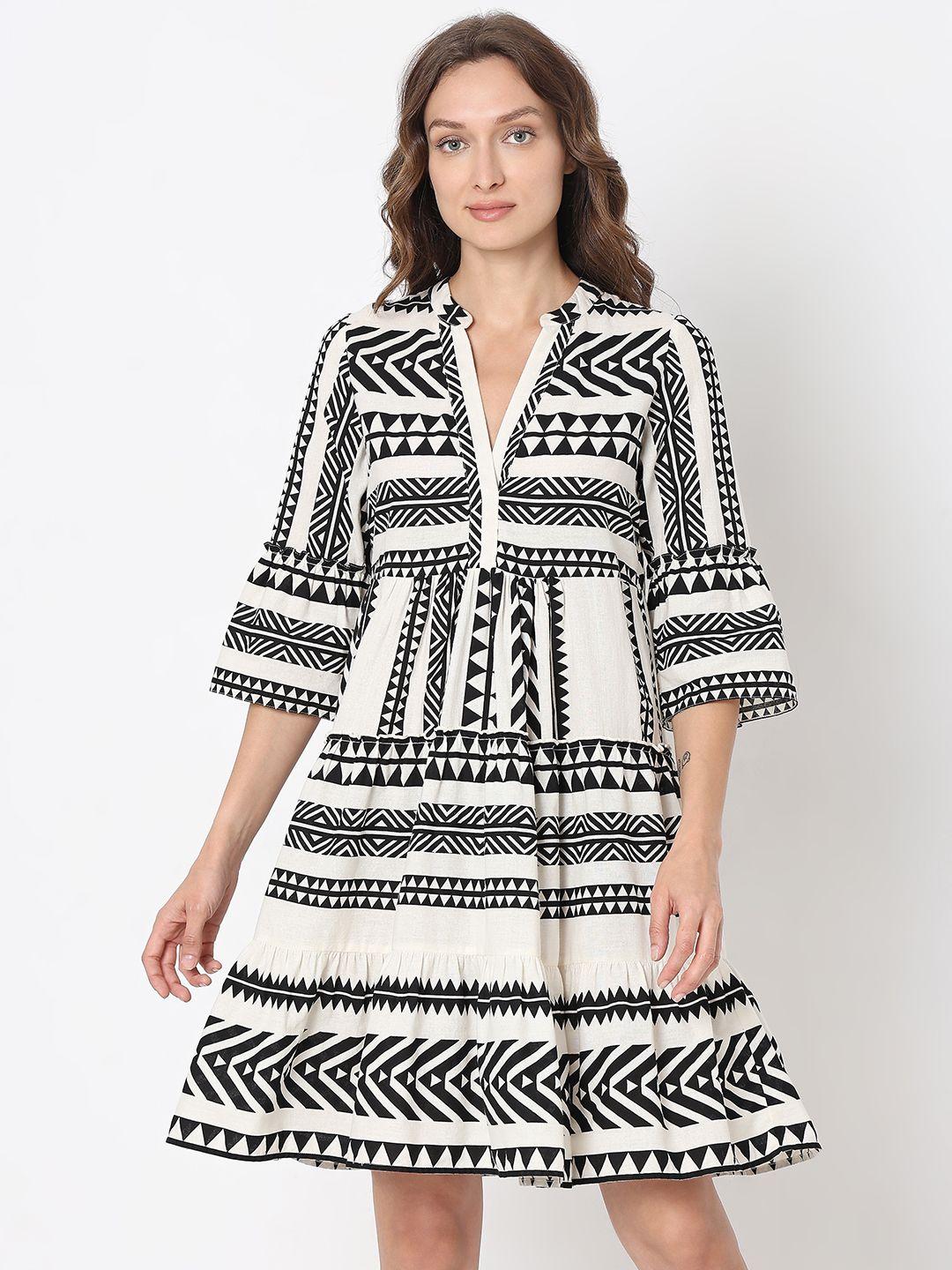 vero moda geometric printed bell sleeves a-line cotton dress