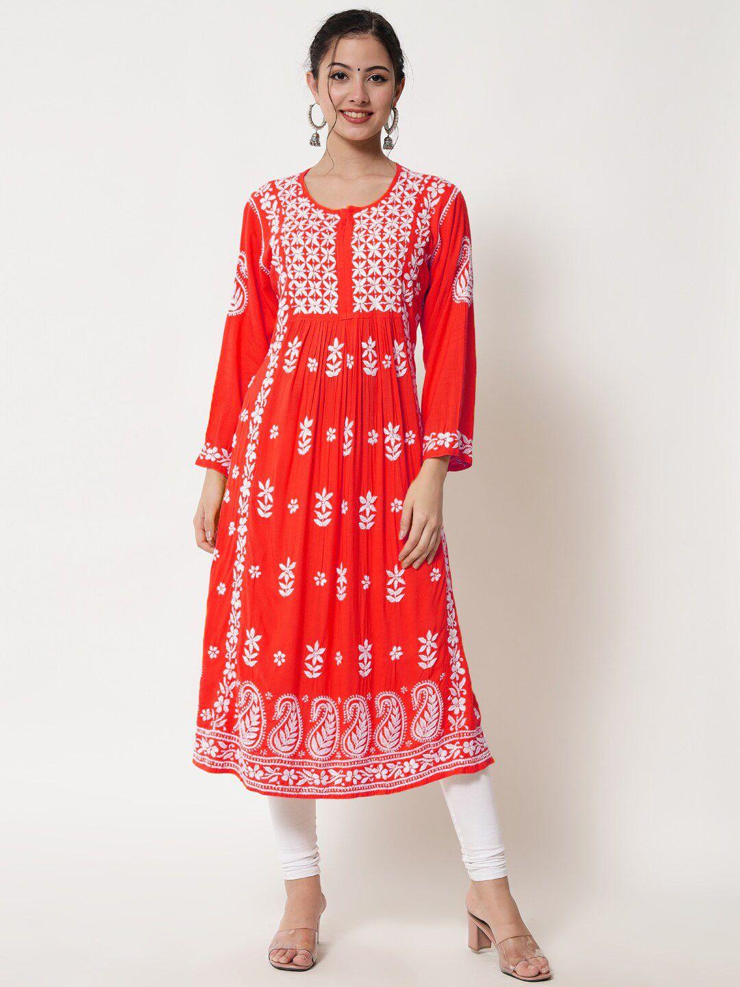 paramount chikan ethnic motifs embroidered chikankari a line kurta