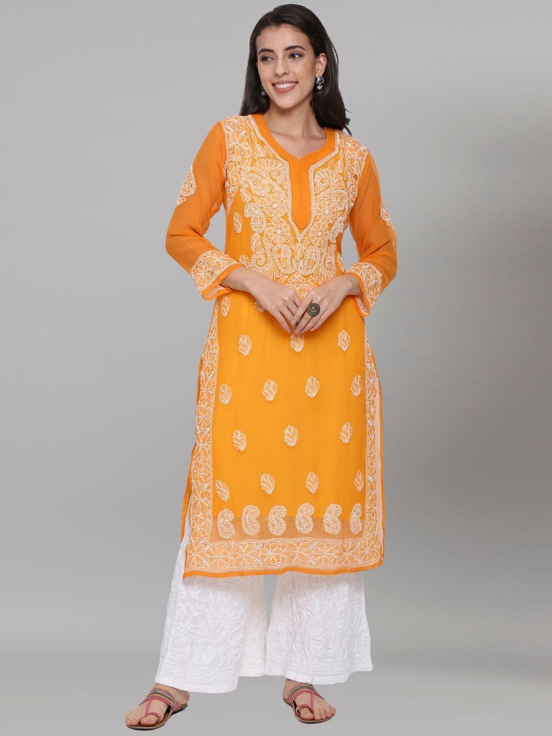 paramount chikan paisley embroidered chikankari georgette kurta with slip