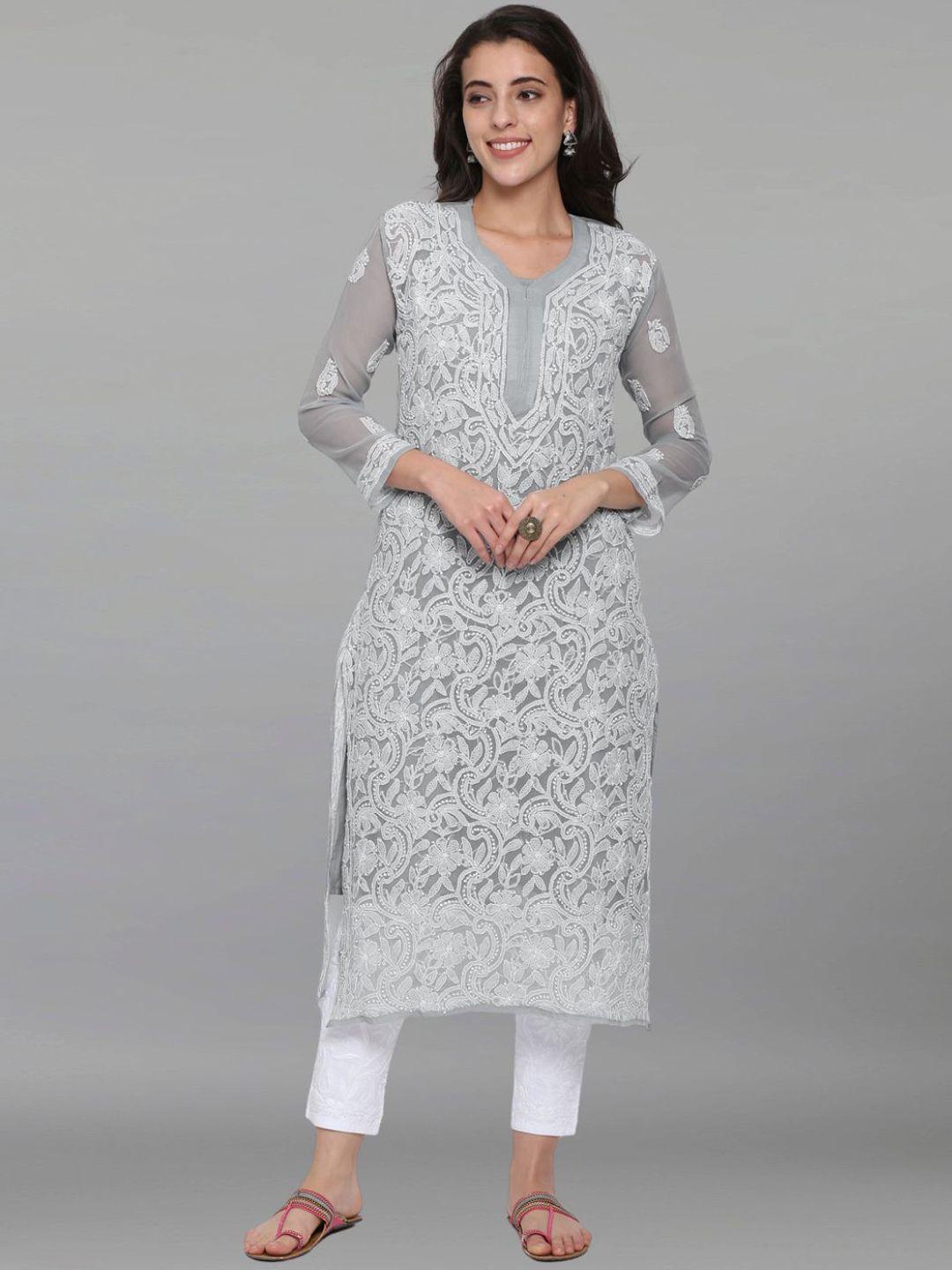 paramount chikan floral embroidered chikankari georgette straight kurta