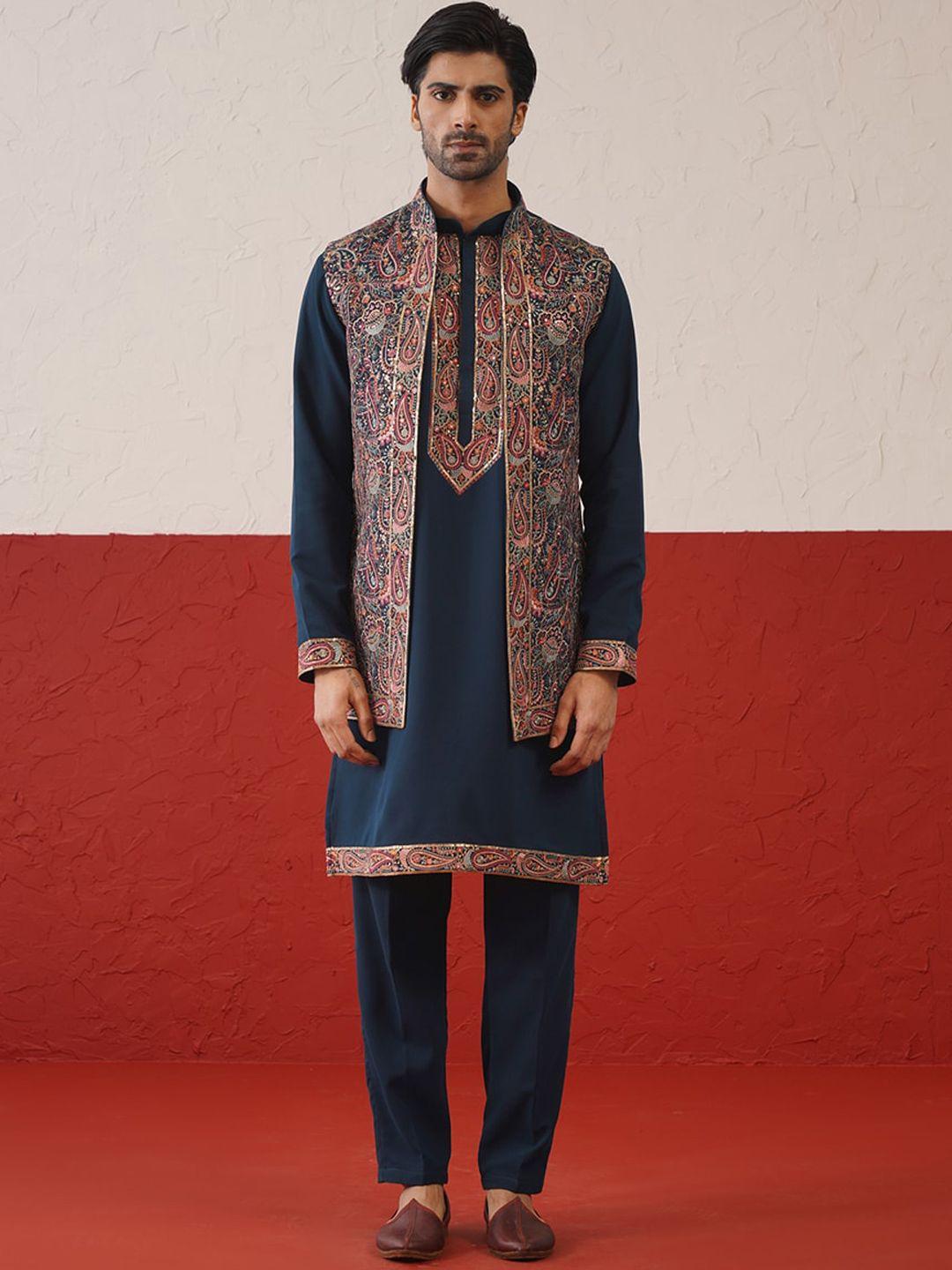 kalpraag ethnic motifs embroidered regular thread work kurta with trousers & jacket