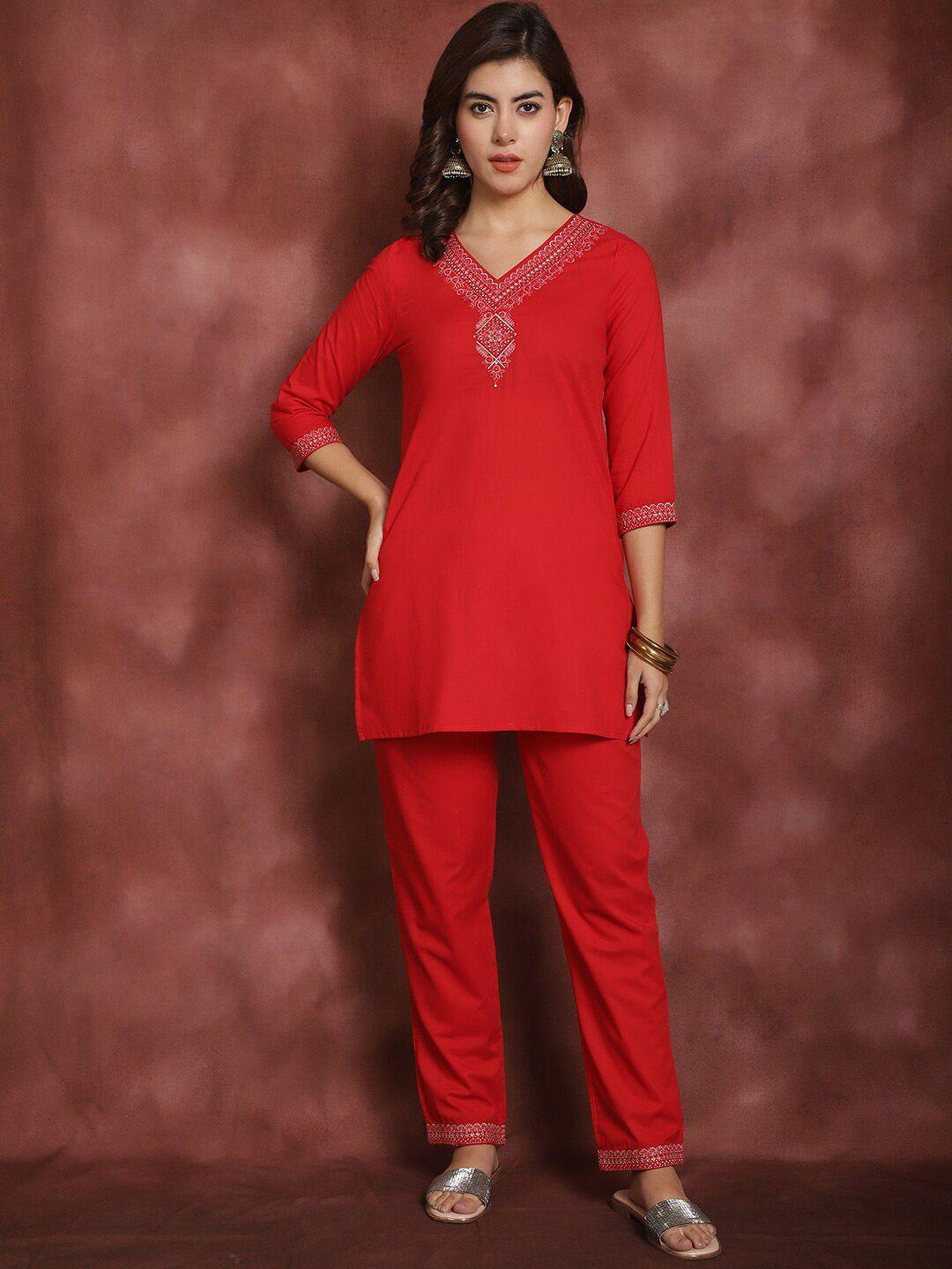 prakrti red floral embroidered v-neck pure cotton tunic with trouser