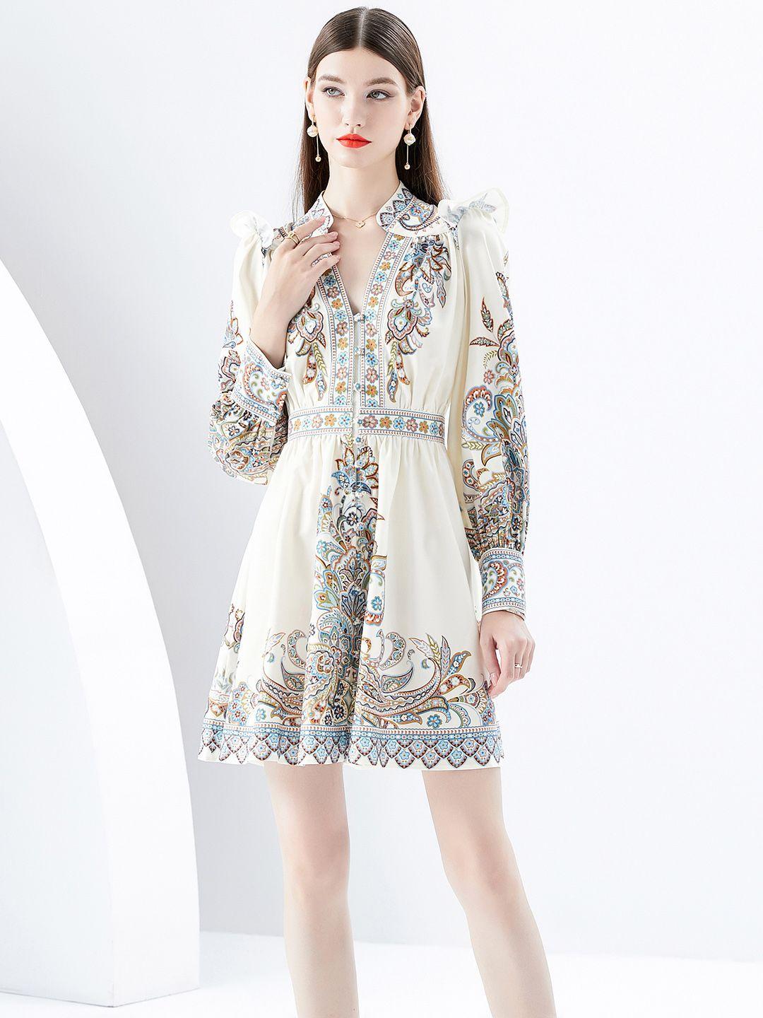 jc collection ethnic motifs printed mandarin collar cuffed sleeves a-line mini dress