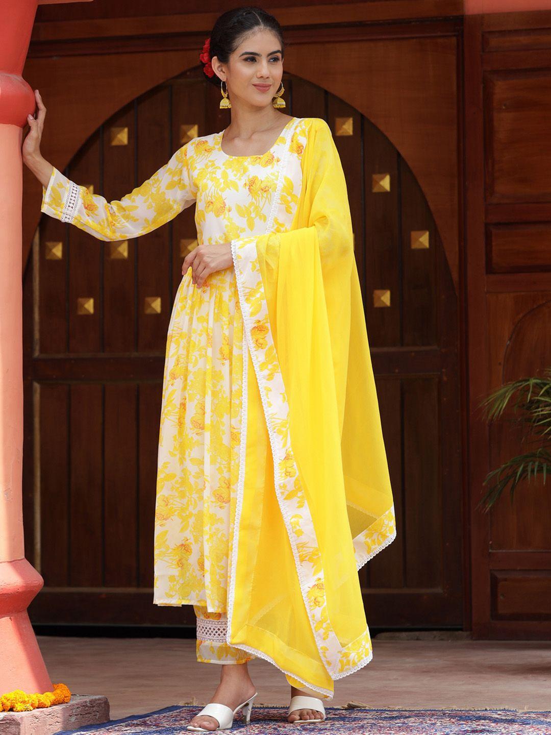 kalini floral printed pleated anarkali kurta & palazzos with dupatta