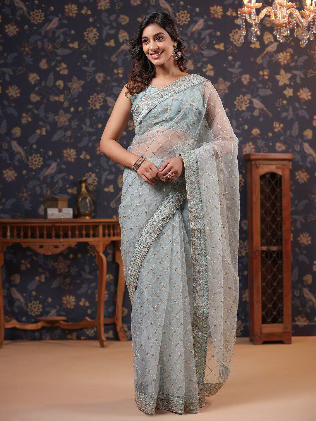 house of pataudi checked embroidered sequinned sarees