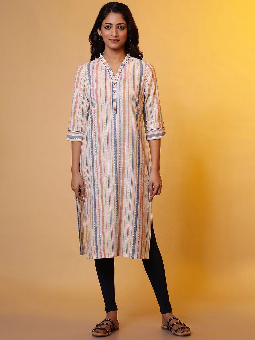 aurelia v neck cotton striped straight kurta