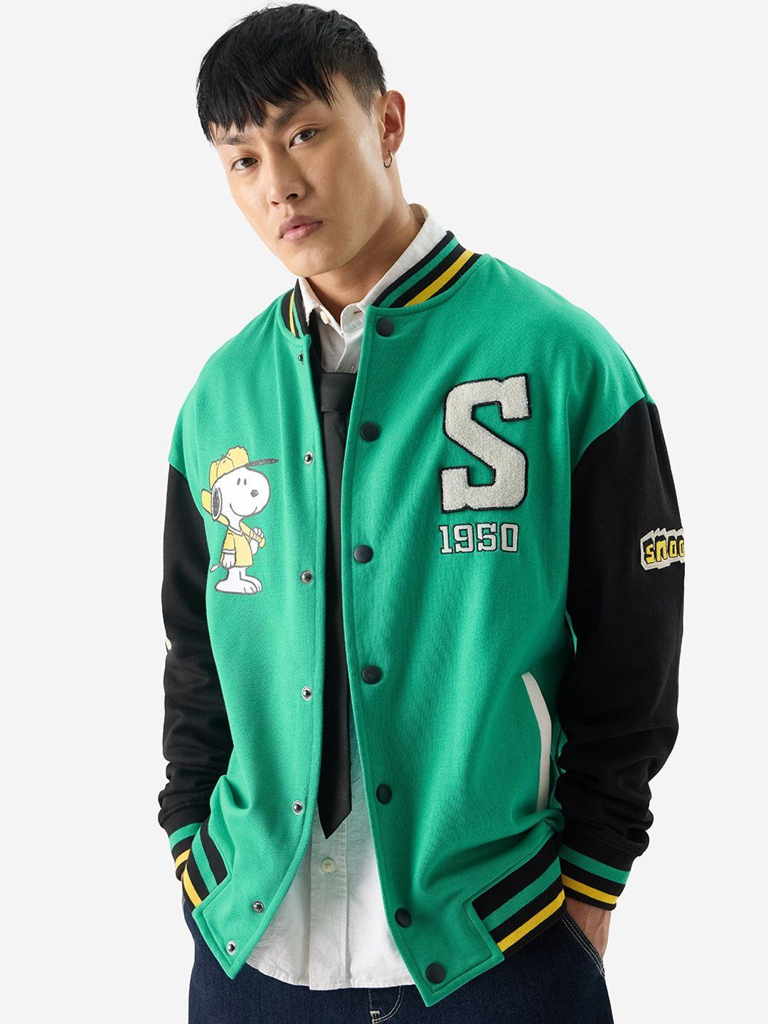 the souled store snoopy printed stand collar lightweight pure cotton varsity jacket