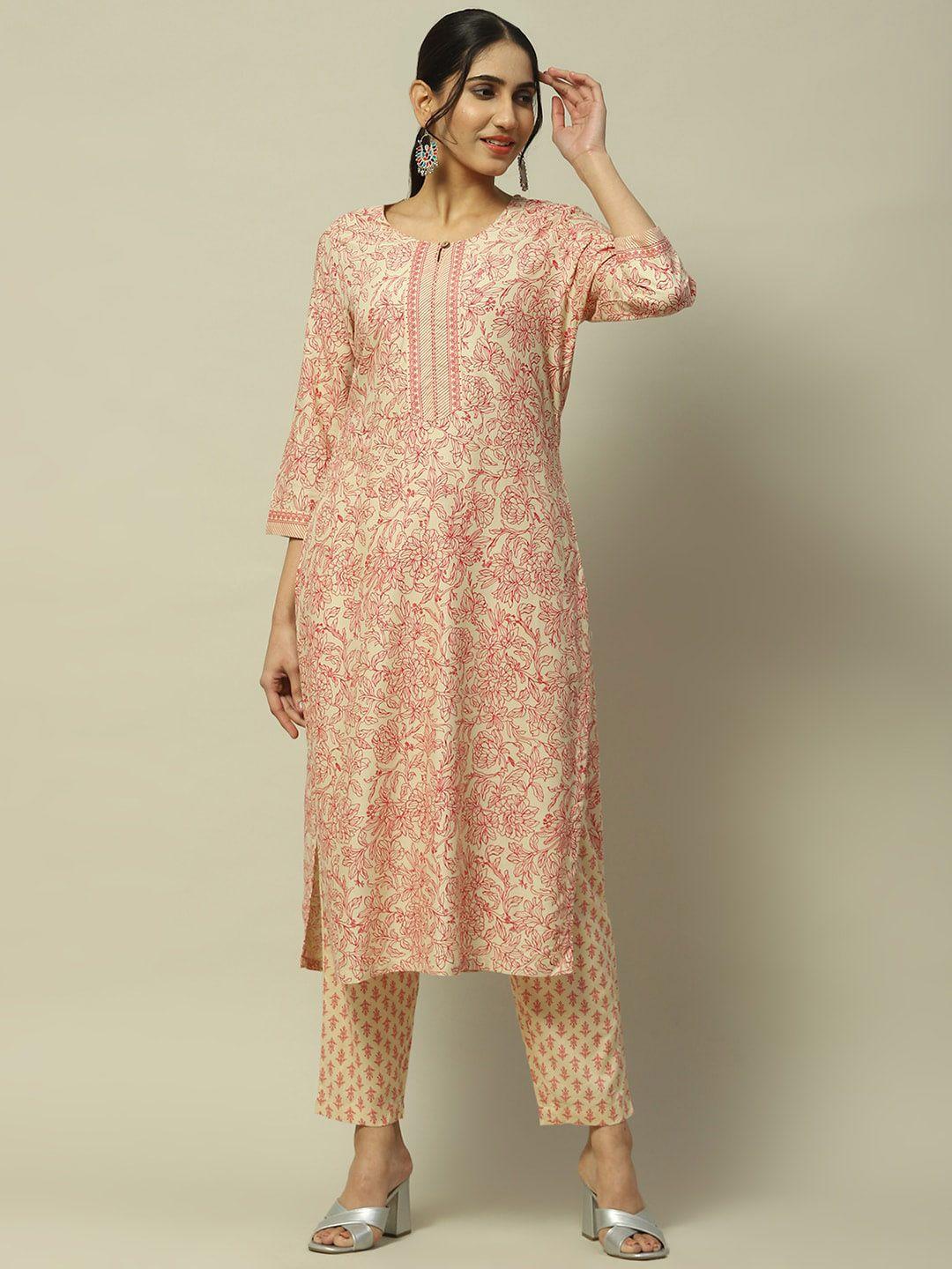 rangriti floral printed notch neck straight kurta with trouser