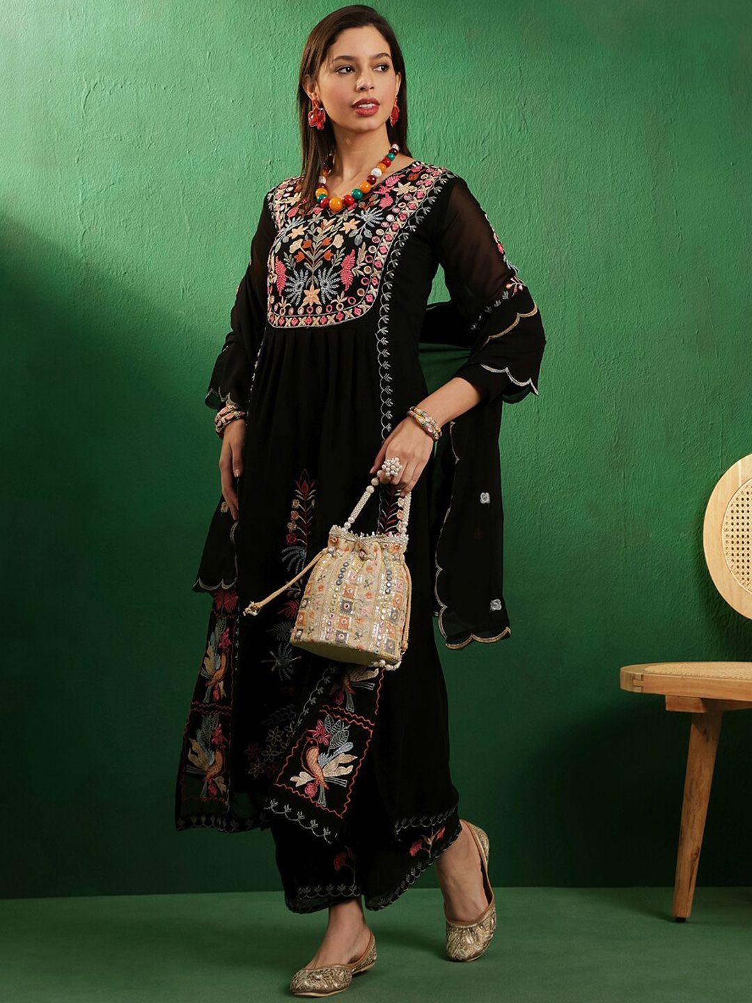 sangria v neck floral embroidered a line kurta with palazzos & dupatta