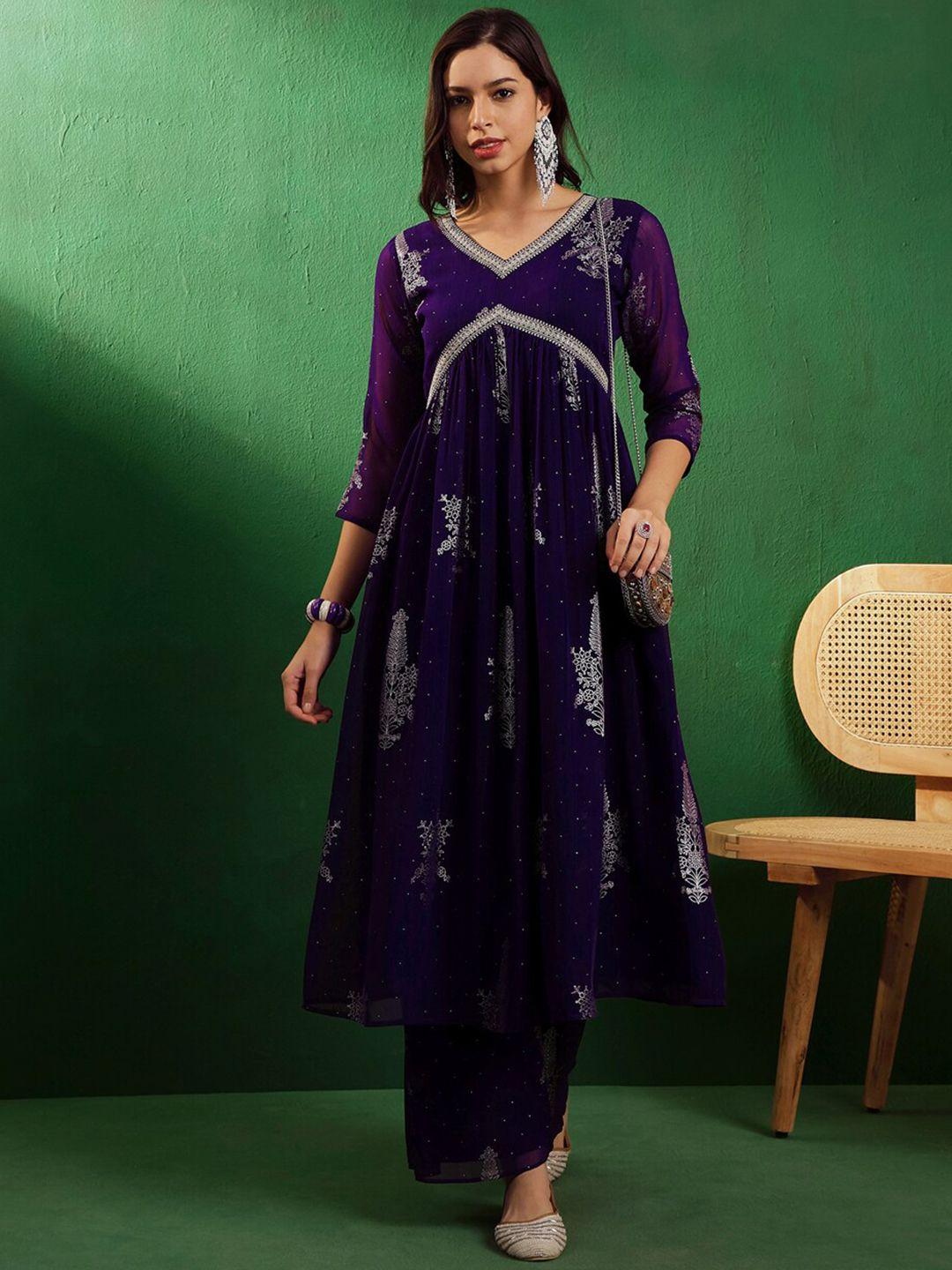 sangria v-neck three quarter regular sleeves alia cut printed kurta set