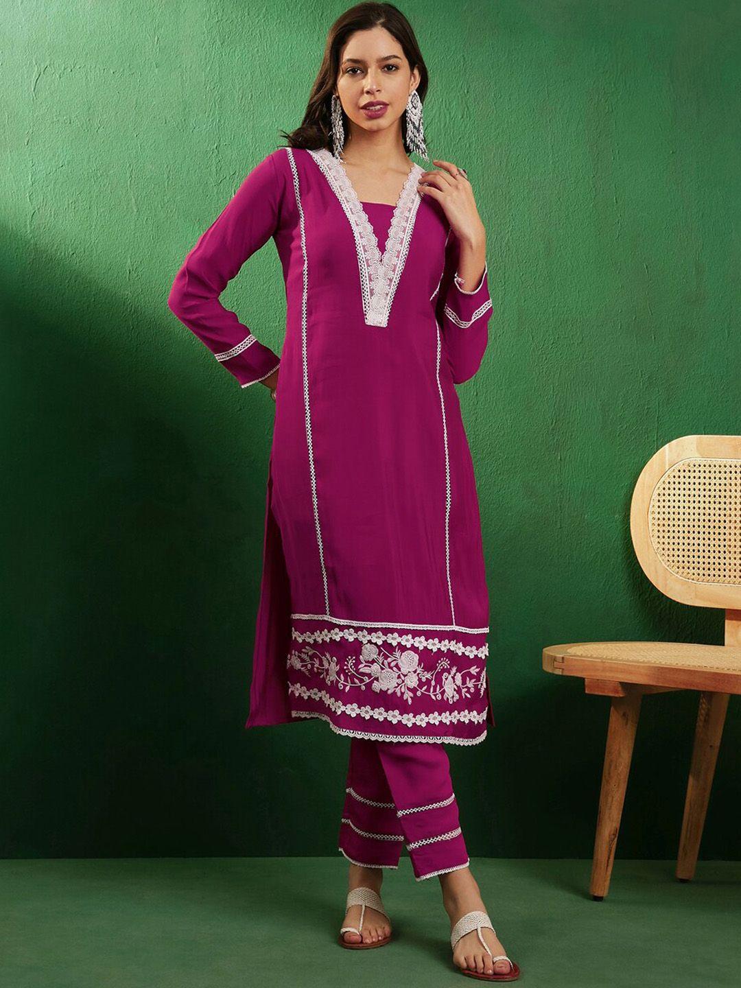 sangria v neck long sleeves lace gotta patti straight kurta with trouser