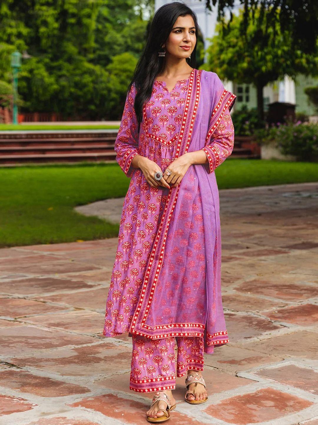 kalini ethnic motifs printed v-neck straight kurta with palazzos & dupatta