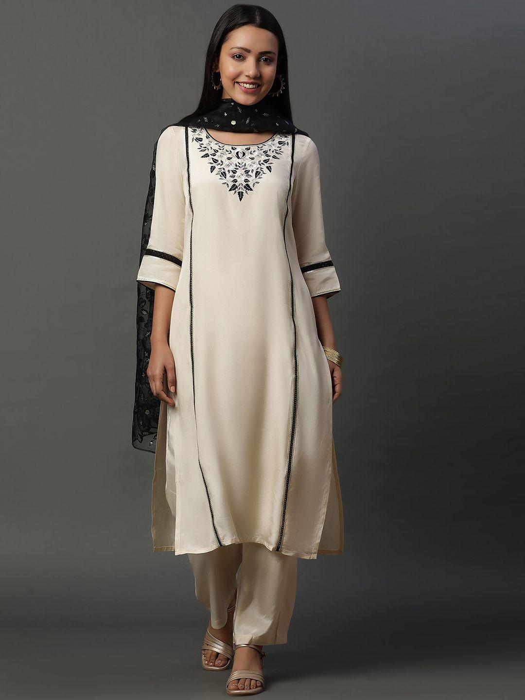 aurelia floral embroidered round neck straight kurta with palazzos & dupatta