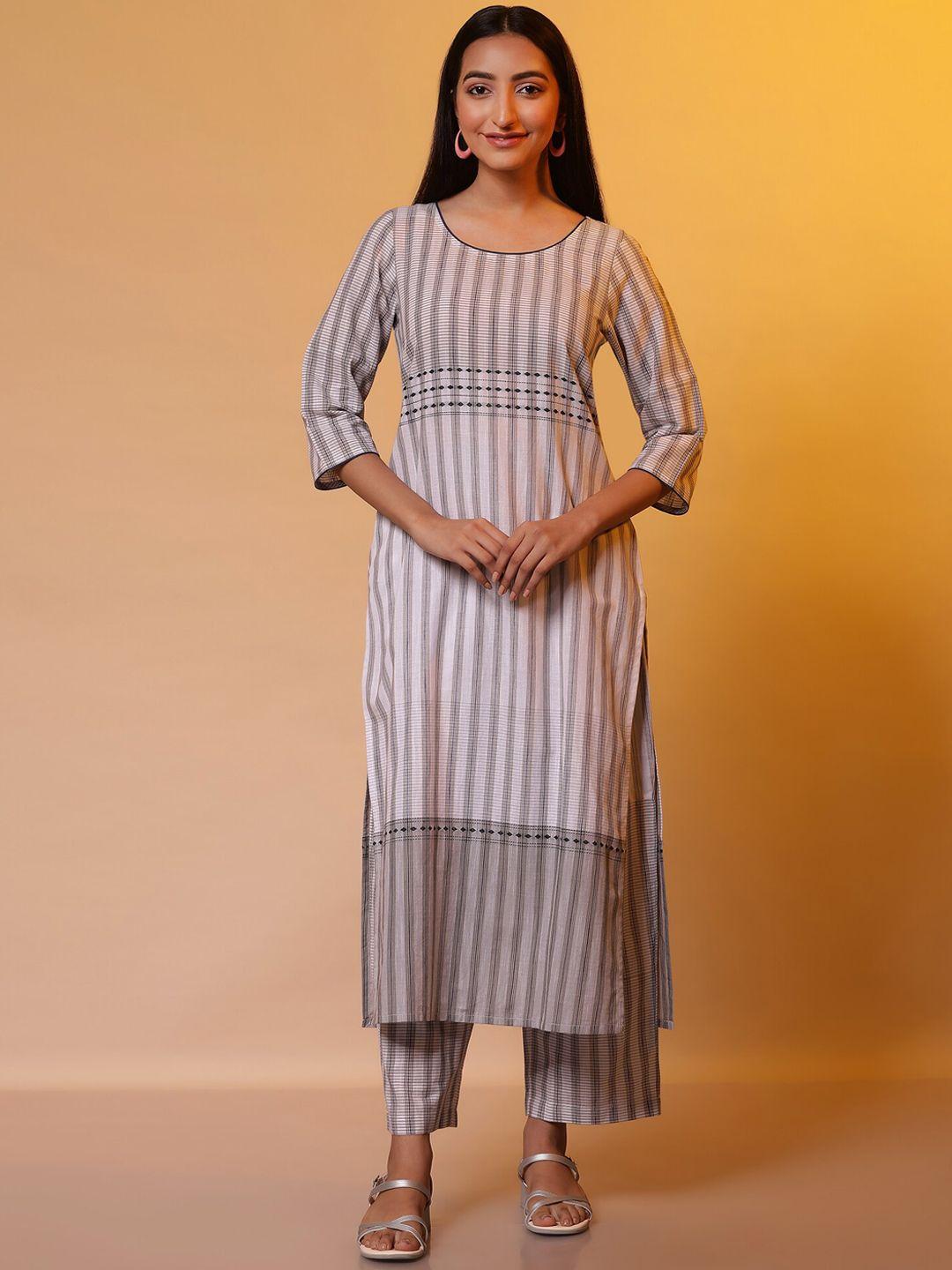 aurelia striped regular pure cotton round neck straight kurta with palazzos