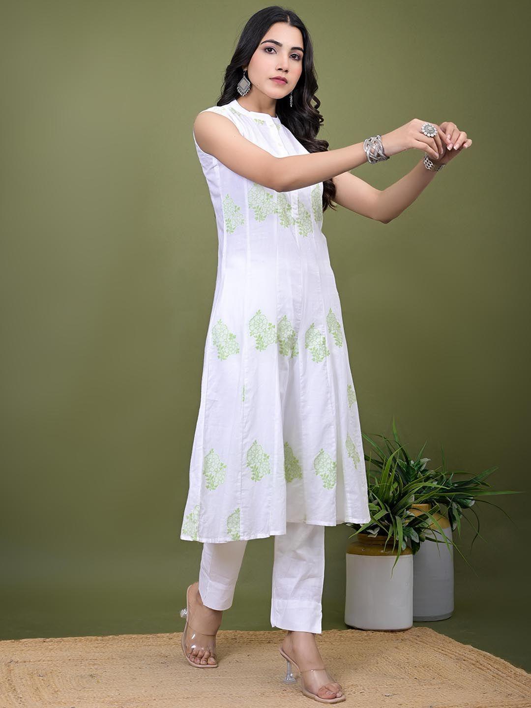 sangria mandarin collar sleeveless floral printed cotton a-line kurtas