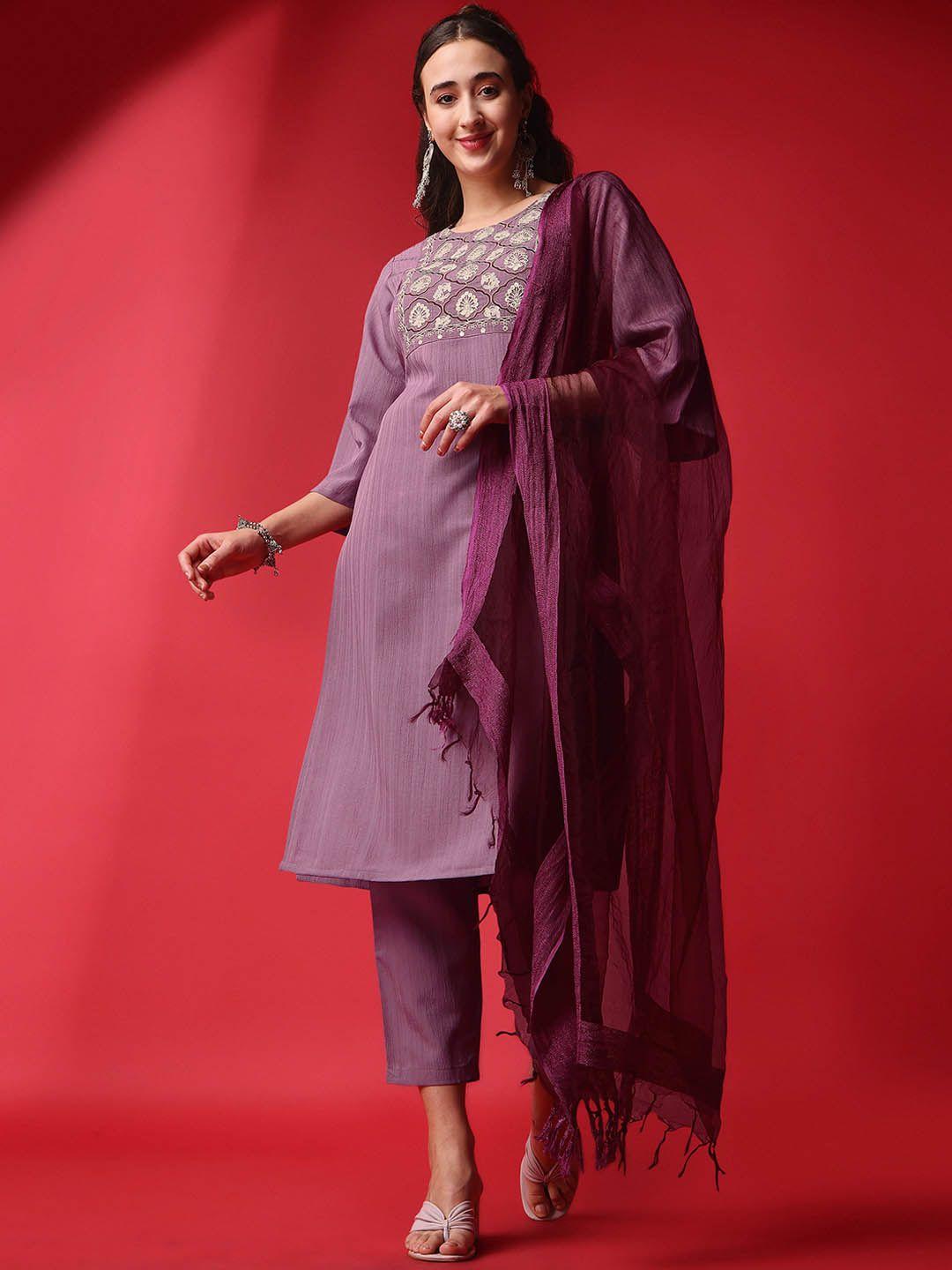 kalini floral yoke design sequined straight kurta with trousers & dupatta