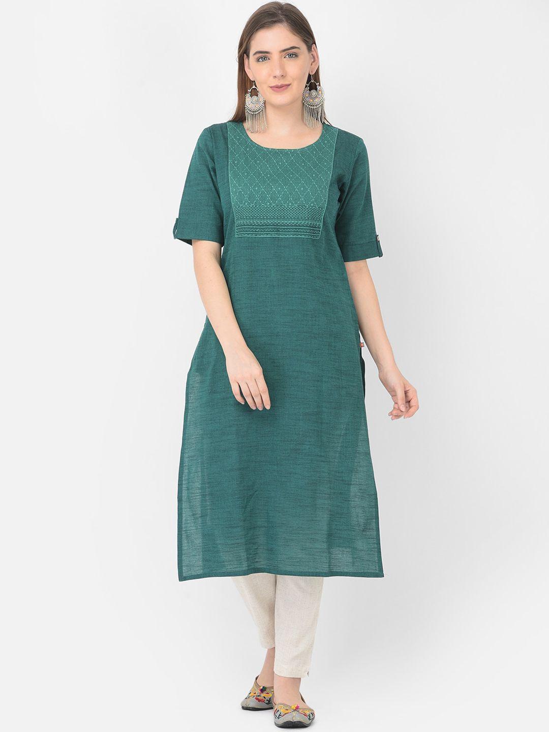 span round neck short roll-up sleeves thread work cotton straight kurta