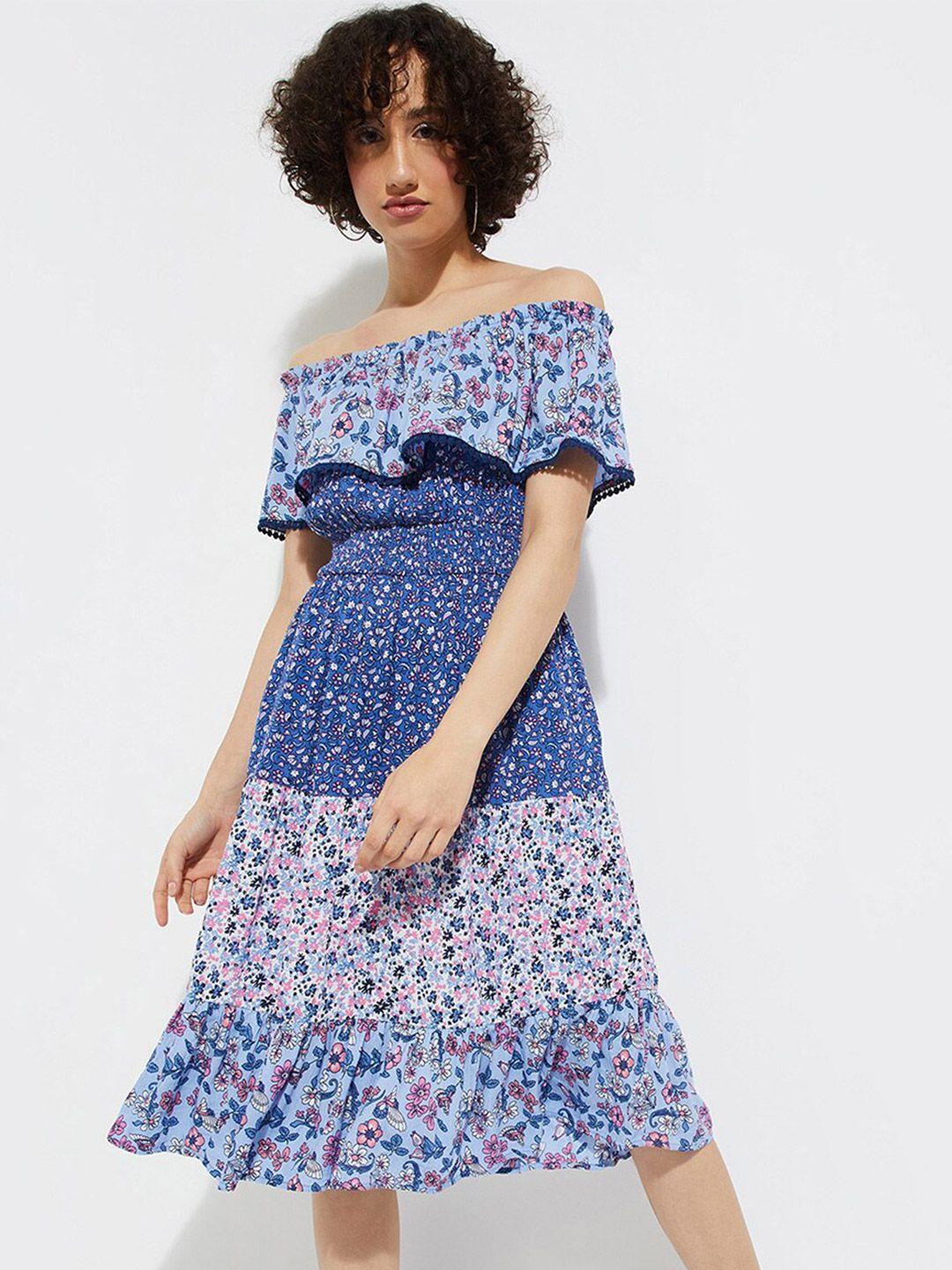 max urb_n floral printed off-shoulder flared sleeve fit & flare dress