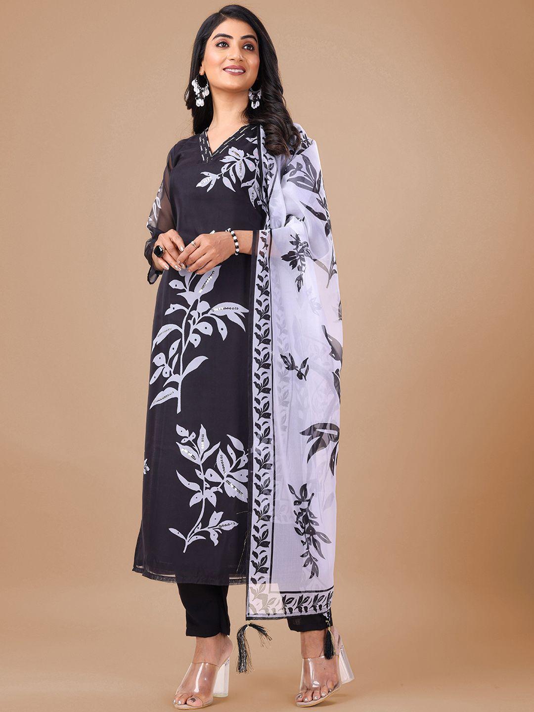 j.kanji women floral printed regular sequinned kurta with trousers & with dupatta