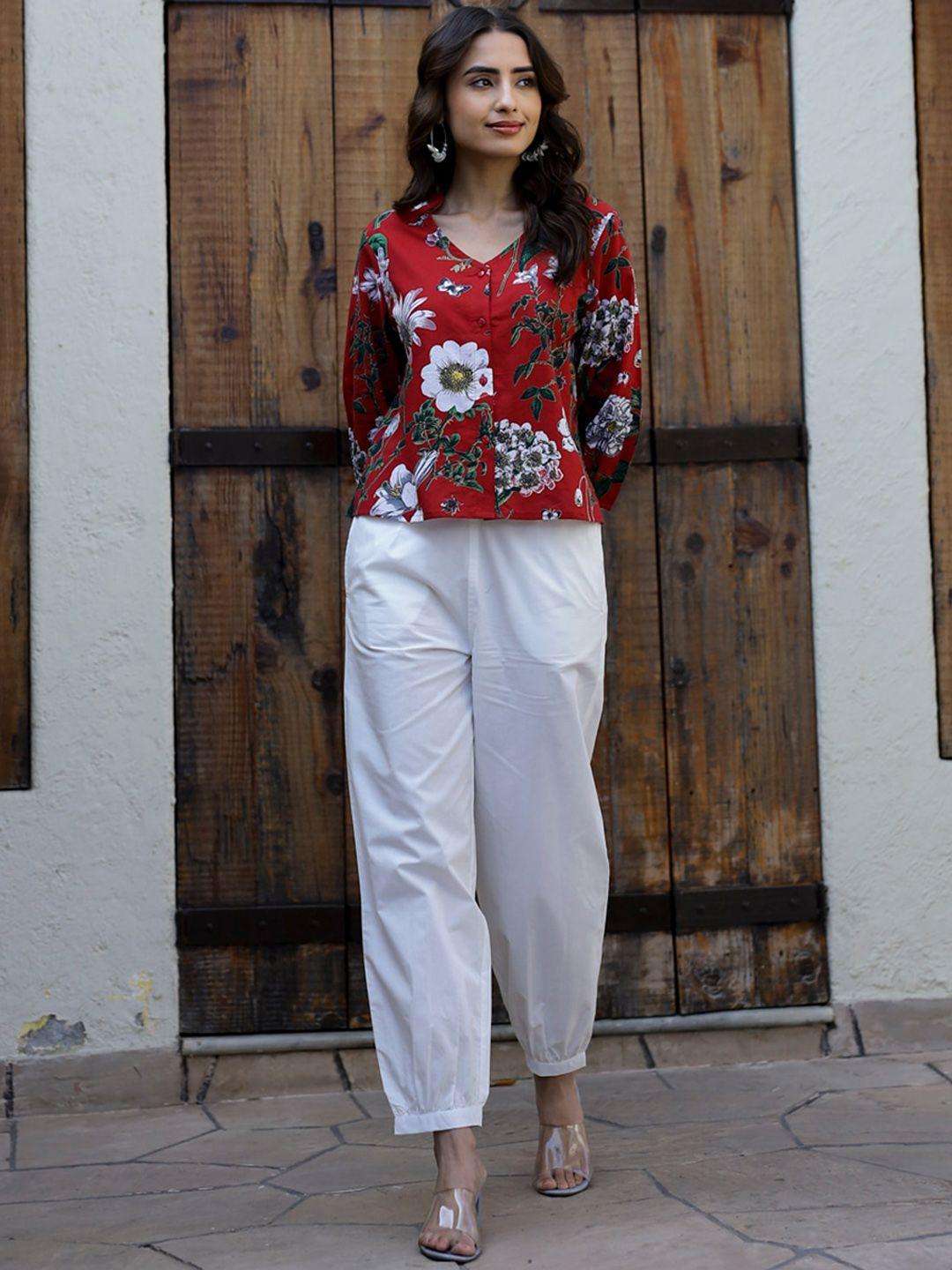 sanskrutihomes floral printed mandarin collar-neckpure cotton top & flared trouser