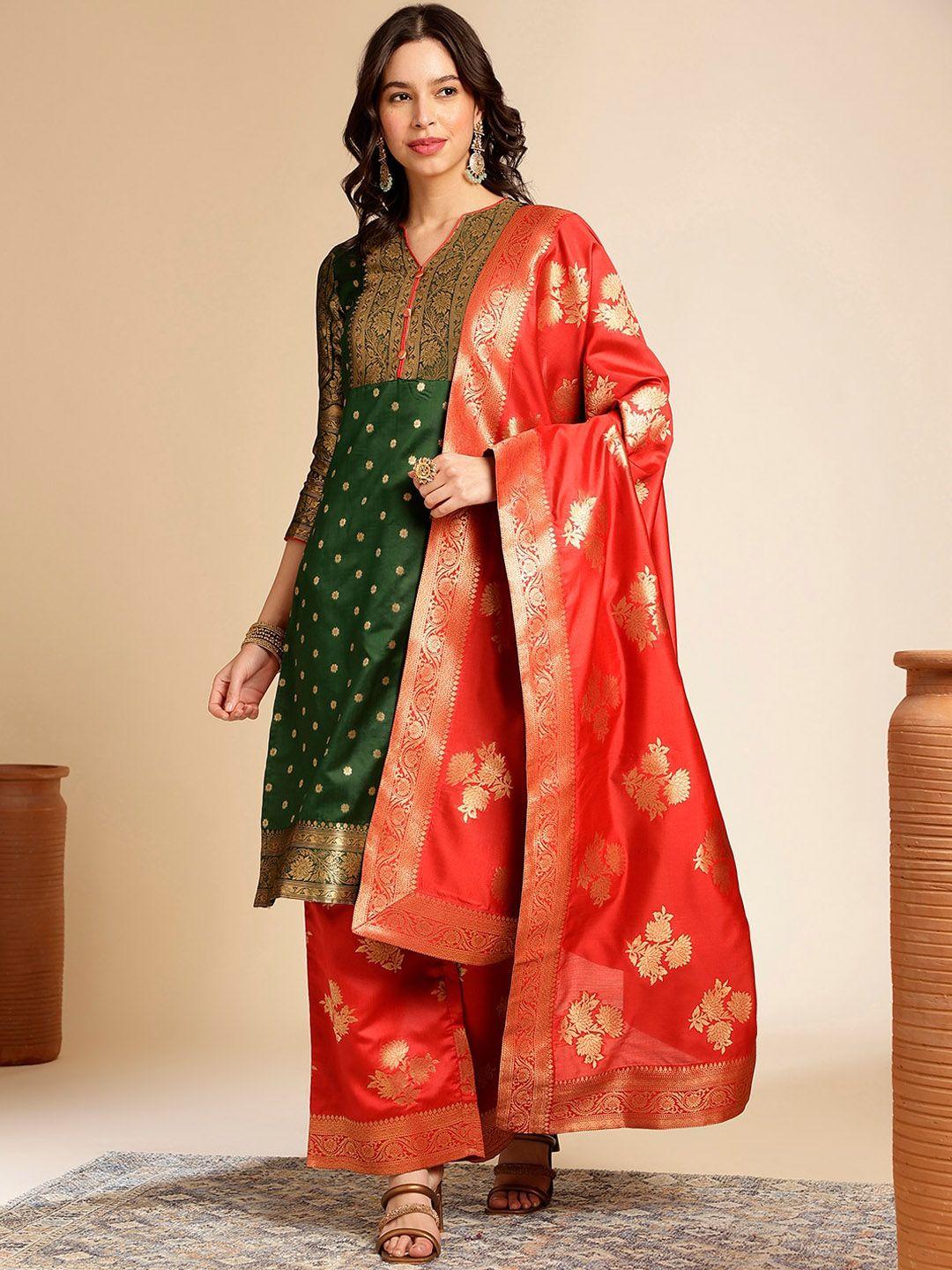 anouk ethnic motifs woven design zari v-neck kurta with palazzos & dupatta