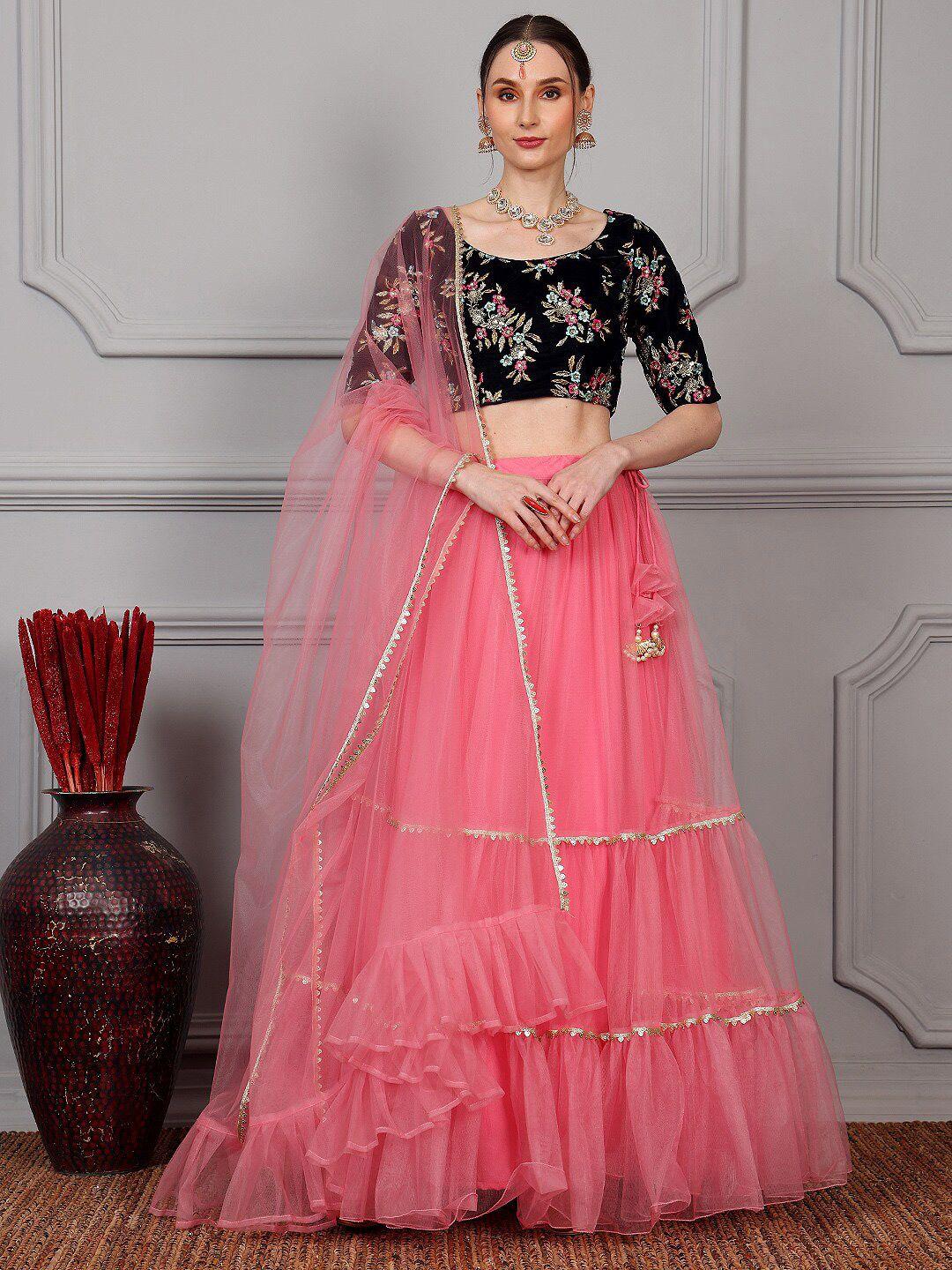 ethnovog floral embroidered semi-stitched lehenga & unstitched blouse with dupatta