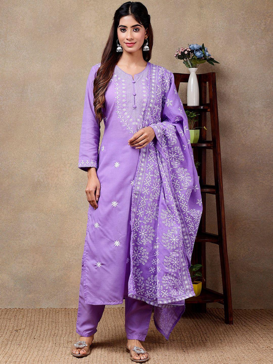 j.kanji embroidered regular thread work pure cotton kurta with trousers & dupatta