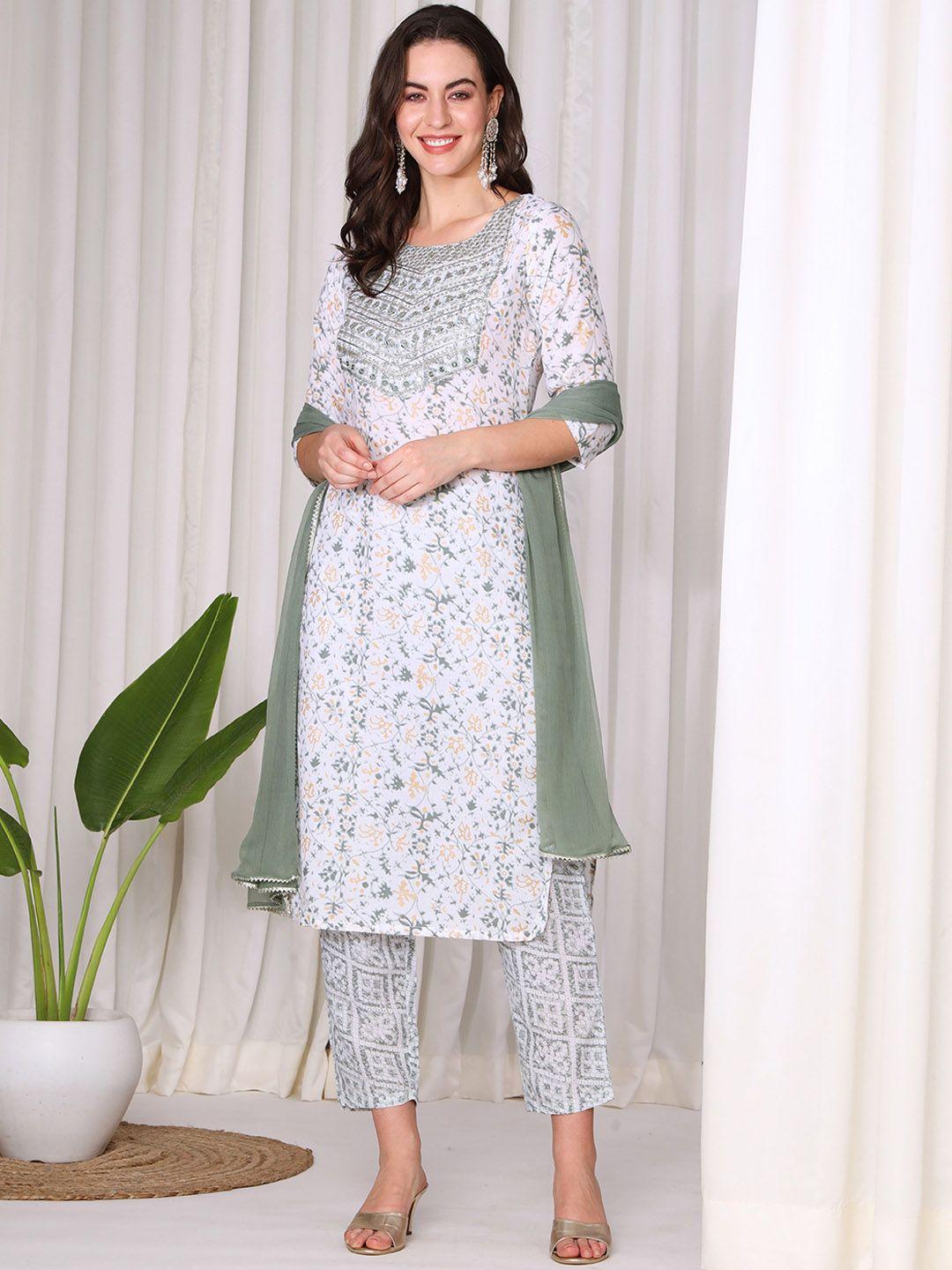 j.kanji floral printed round neck zardozi pure cotton straight kurta trousers & dupatta