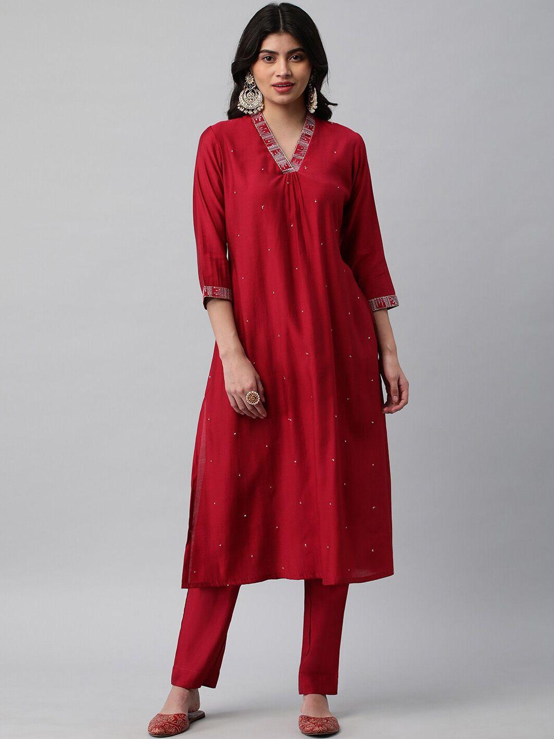 kami kubi ethnic motifs embroidered v-neck sequinned a-line kurta