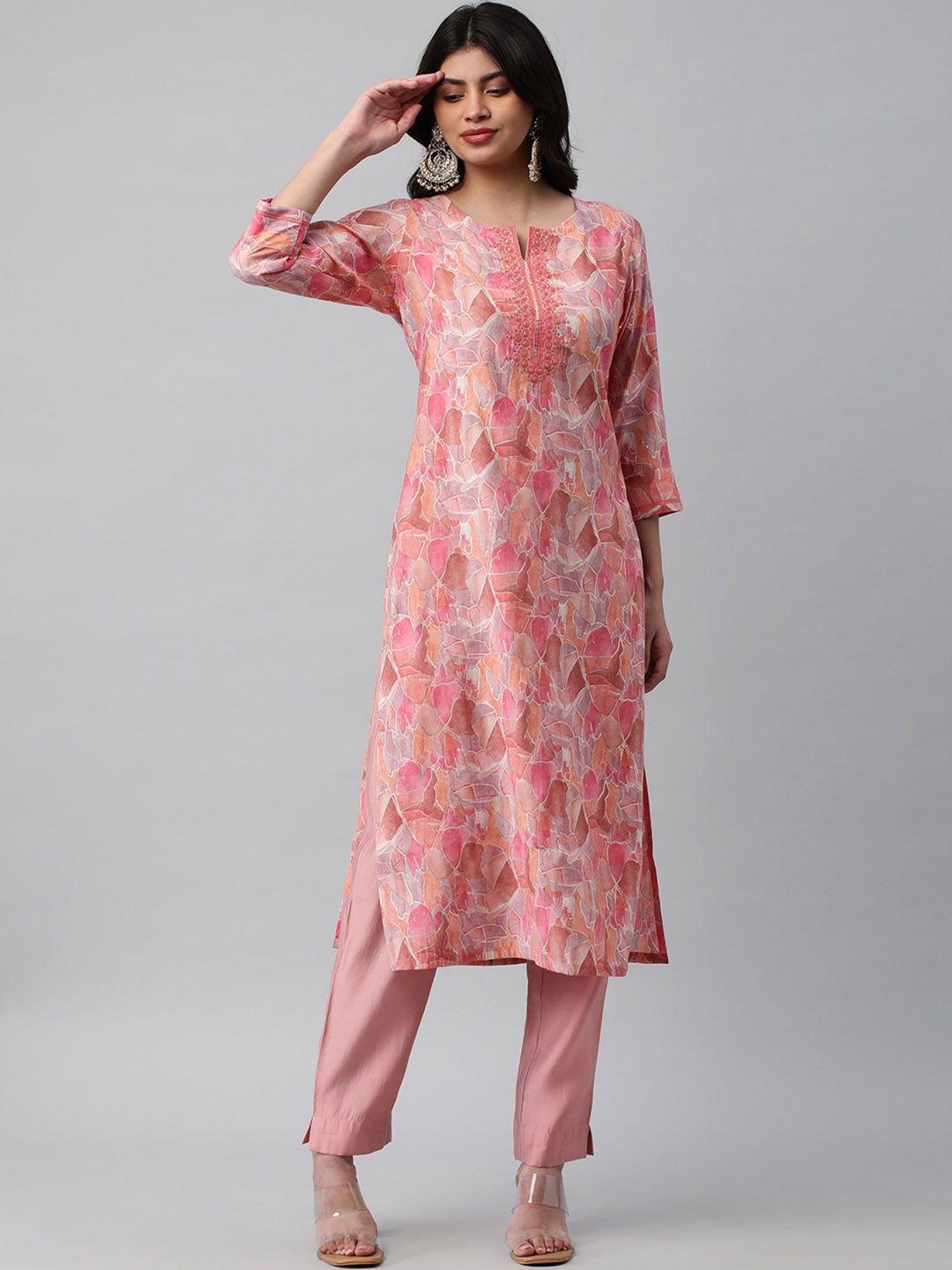 kami kubi floral printed round neck three quarter sleeves chanderi silk kurta