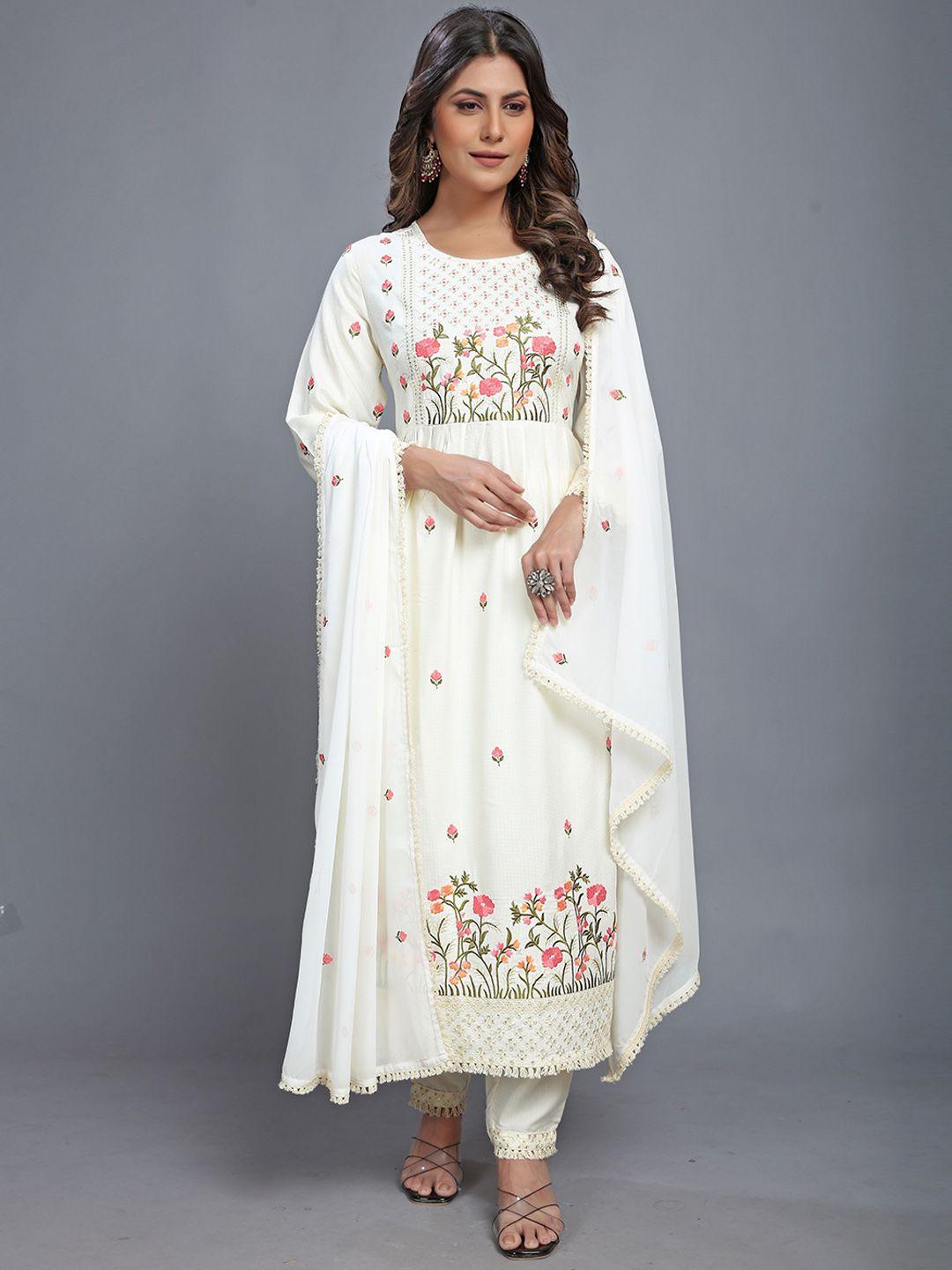 j.kanji floral embroidered round neck pleated thread work kurta with trousers & dupatta