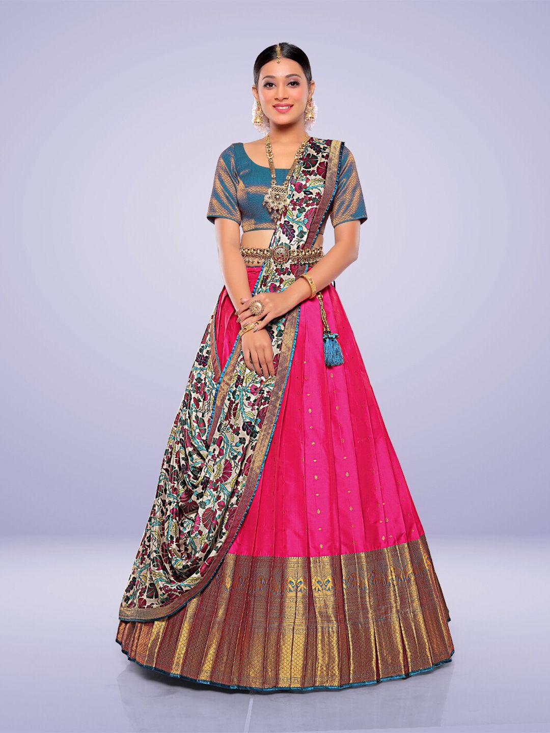 halfsaree studio woven designed semi-stitched lehenga & unstitched blouse with dupatta