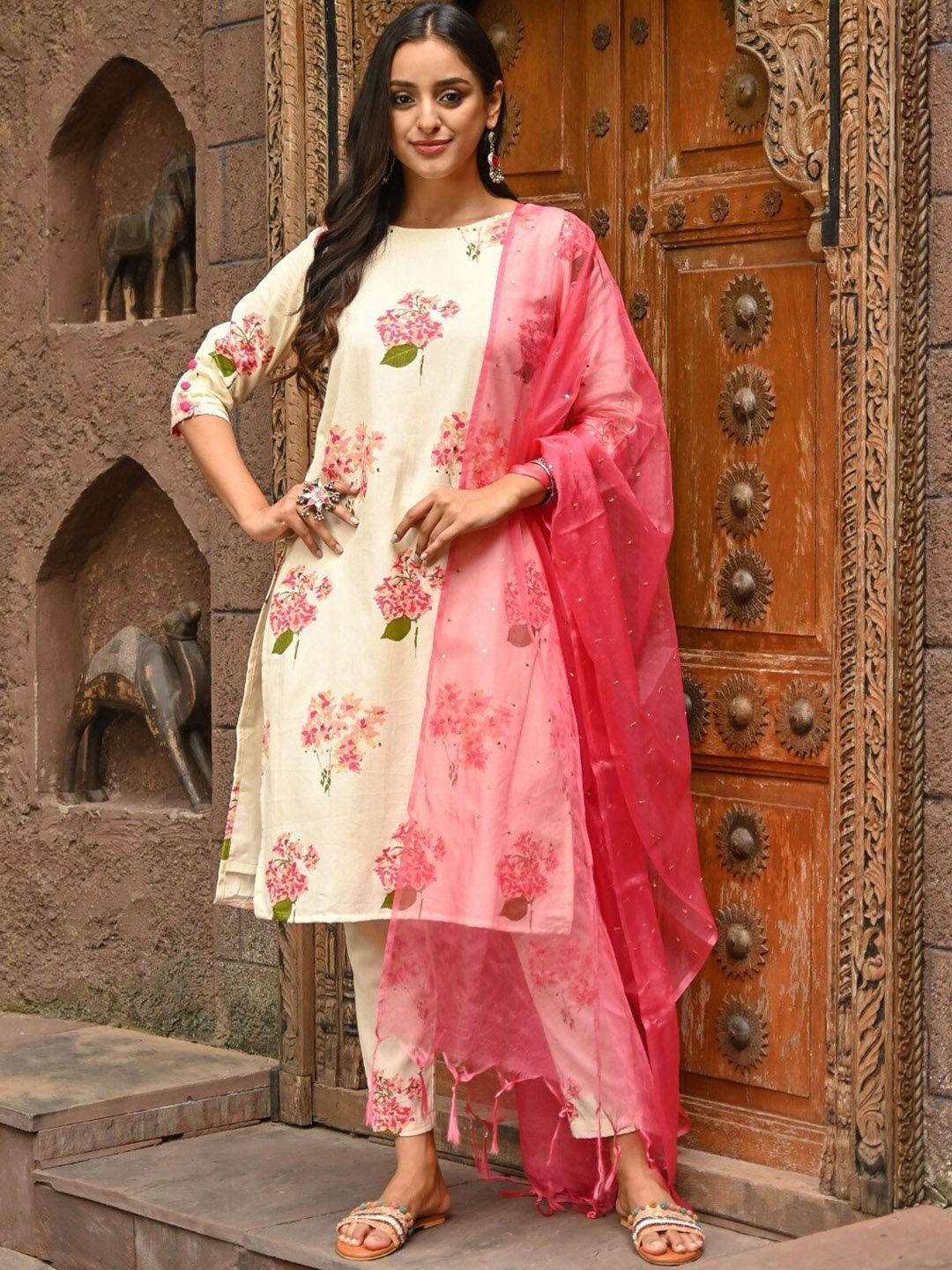 vinya women floral printed regular kurta with trousers & with dupatta