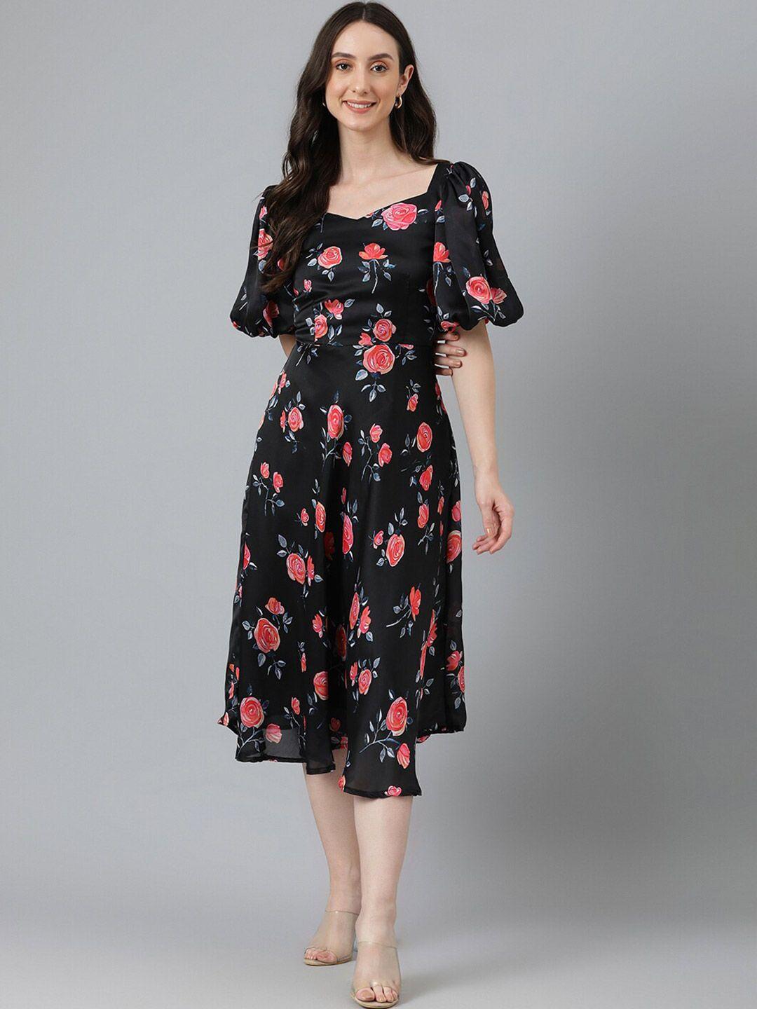 vinya floral print flared sleeve a-line midi dress