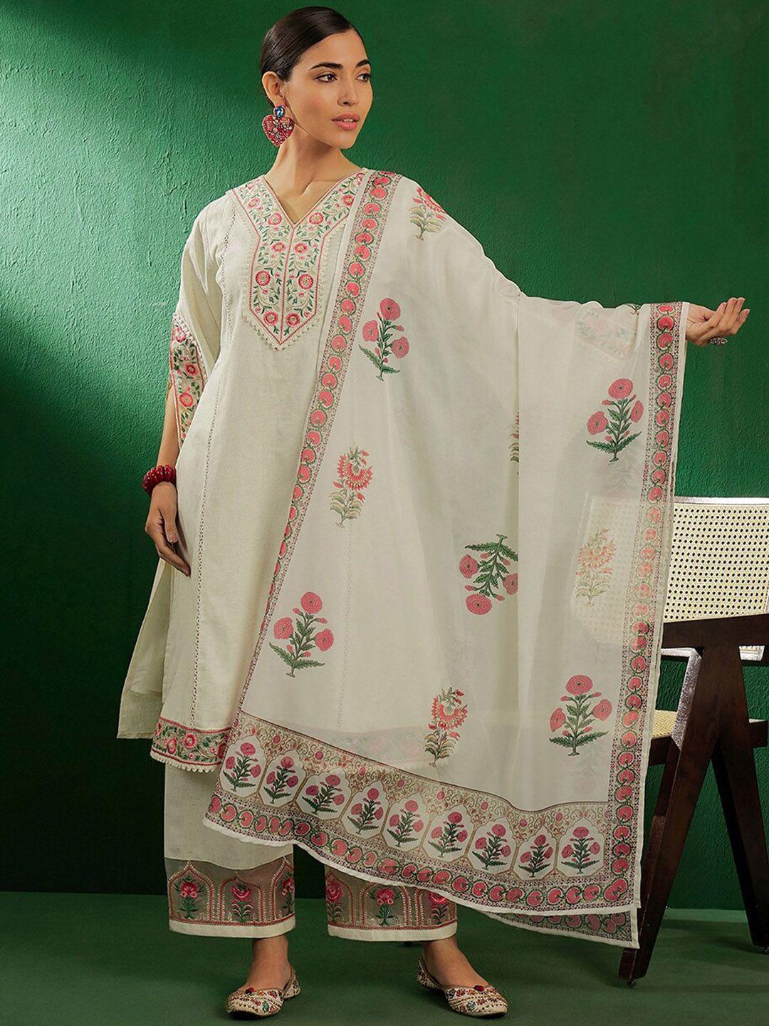 sangria off white floral embroidered pure cotton kurta with palazzo & dupatta