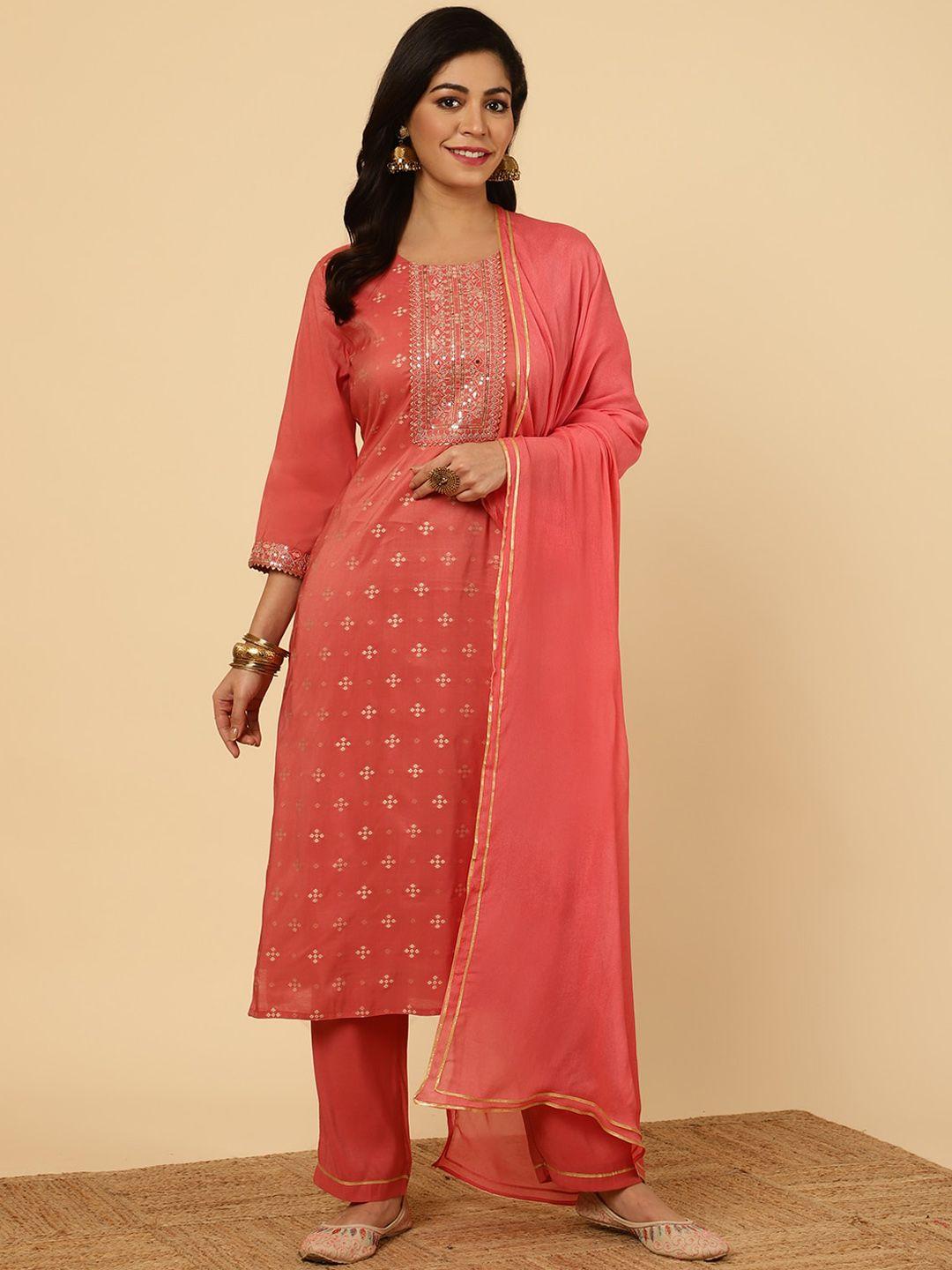 jaipur kurti women regular mirror work chanderi cotton kurta with trousers & with dupatta