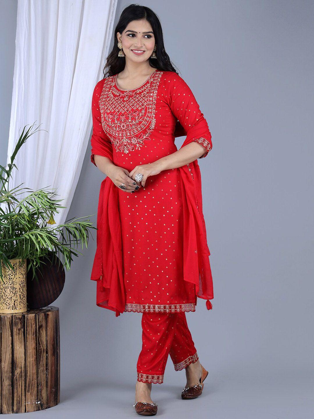 ikdaiya ethnic motifs embroidered mirror work kurta with trousers & dupatta