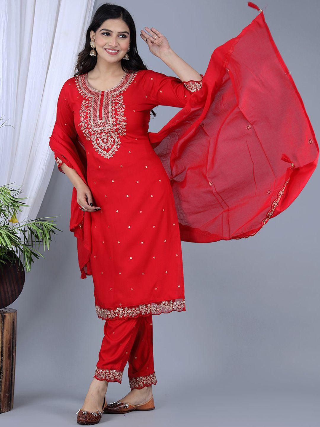 ikdaiya ethnic motifs embroidered mirror work straight kurta with trousers & dupatta