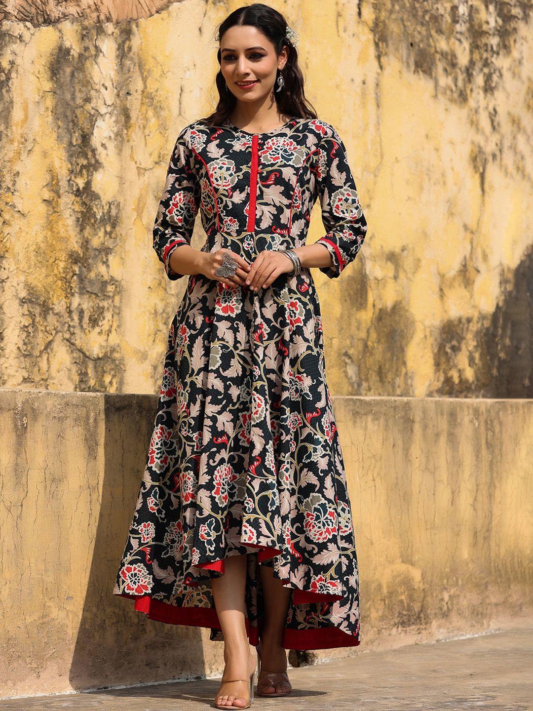 rain & rainbow printed pure cotton fit & flare ethnic dress