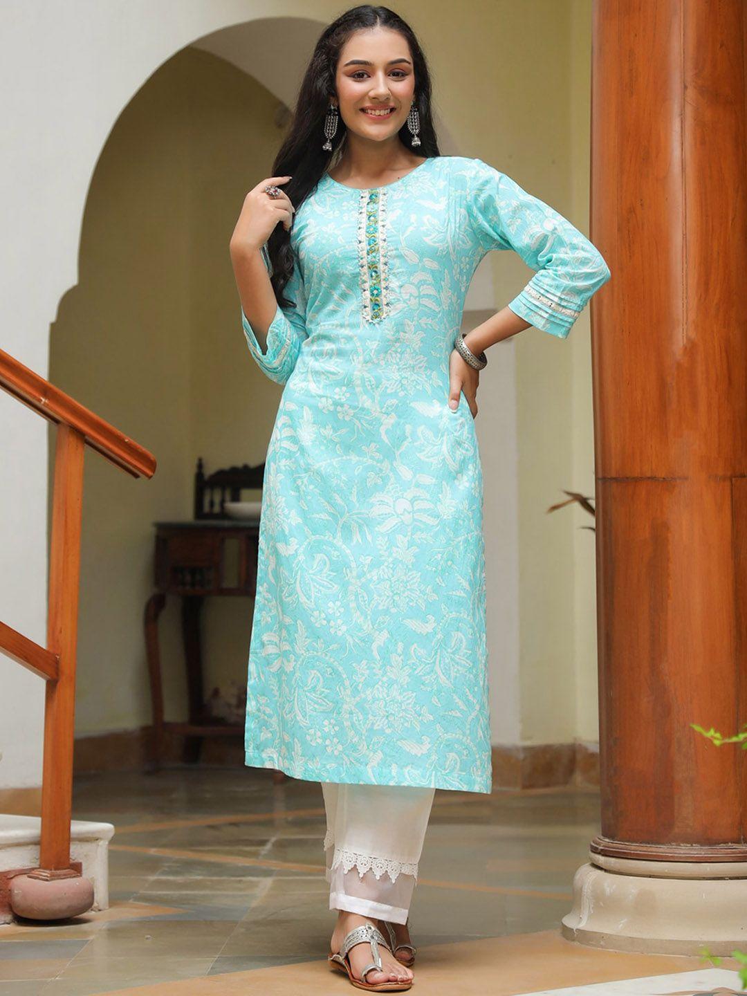 rain & rainbow floral printed straight pure cotton kurta