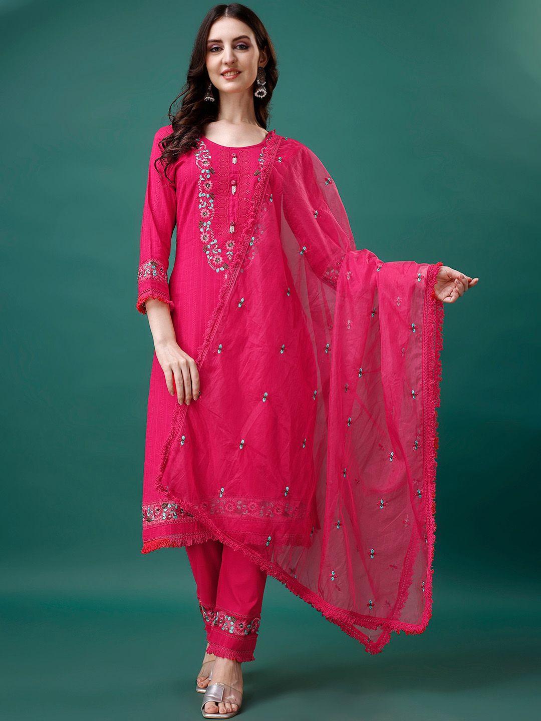 kalini floral embroidered pure cotton kurta & trousers with organza dupatta