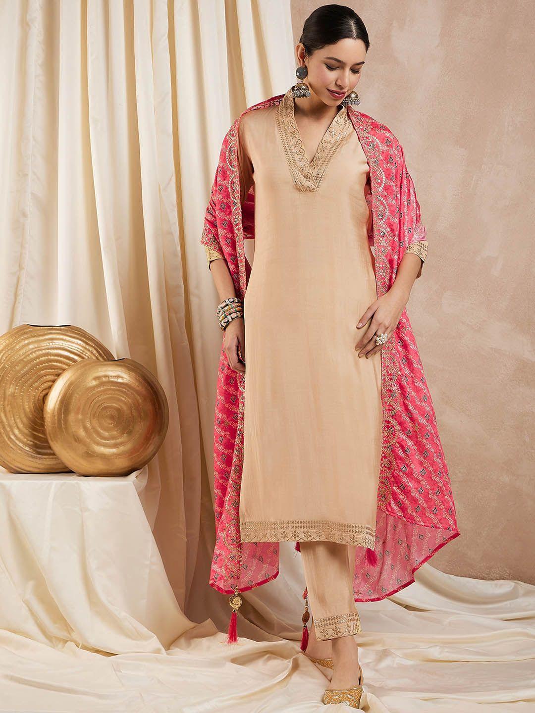 kavindi ethnic motifs yoke design silk chiffon kurta with trousers & dupatta