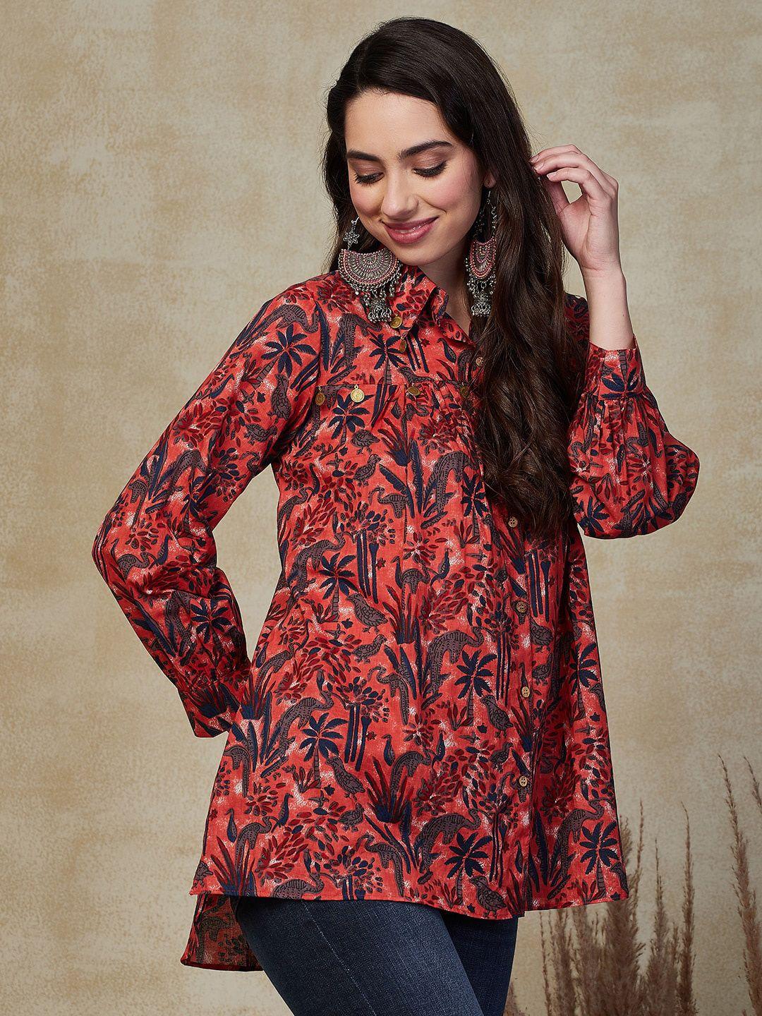 fashor ethnic motifs printed shirt collar pure cotton kurti