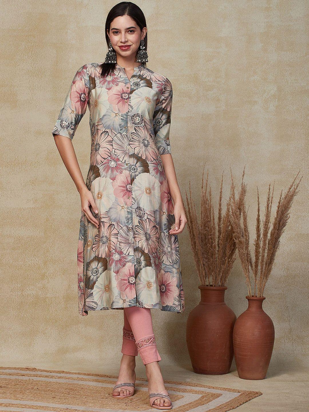 fashor cream-coloured floral printed a-line kurta