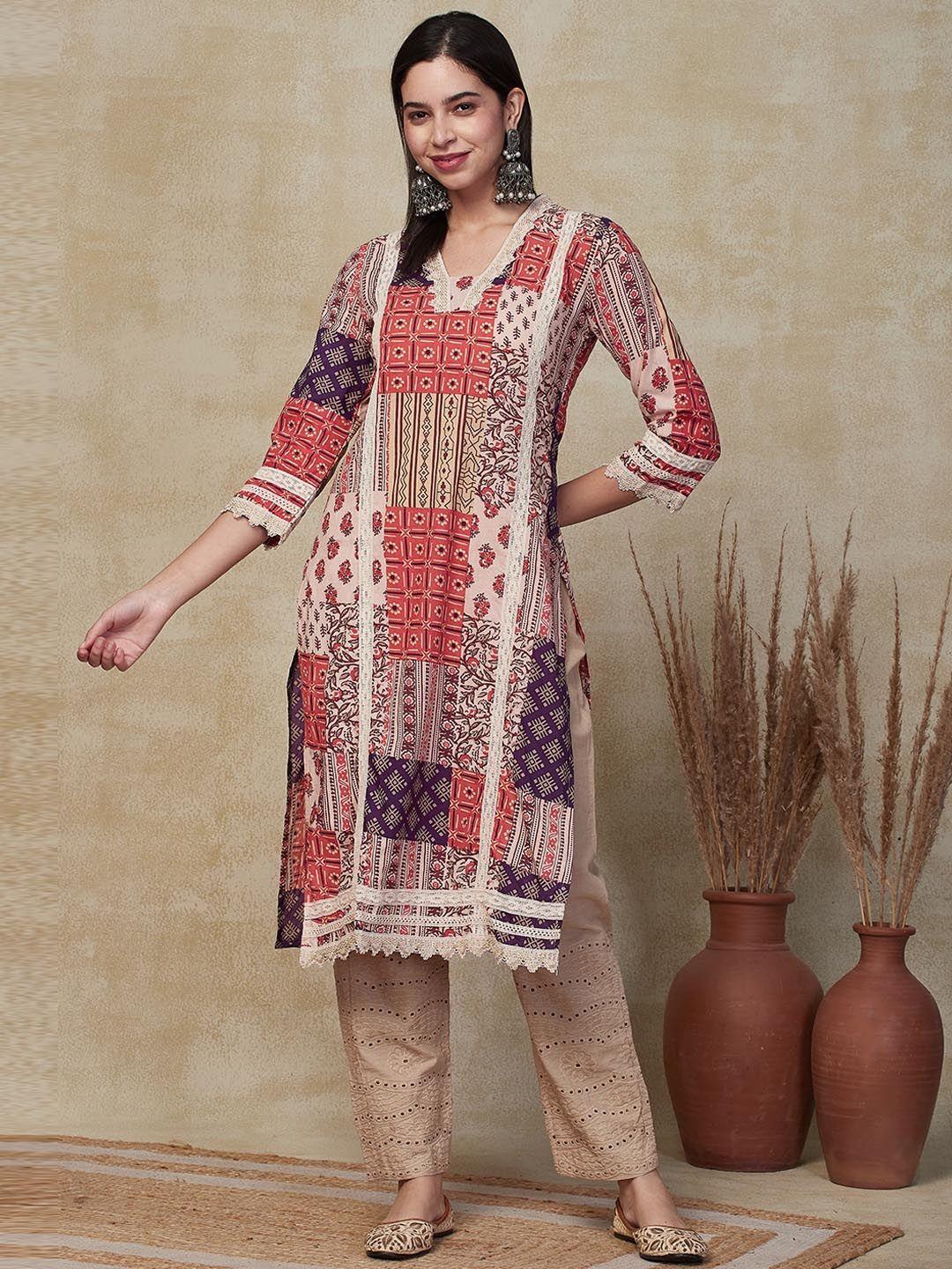 fashor women ethnic motifs printed flared sleeves sequinned kurta