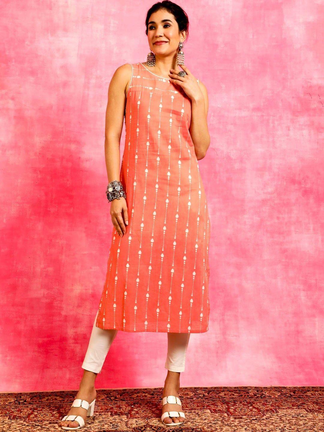 aks ethnic motifs printed round neck sleeveless cotton straight kurta