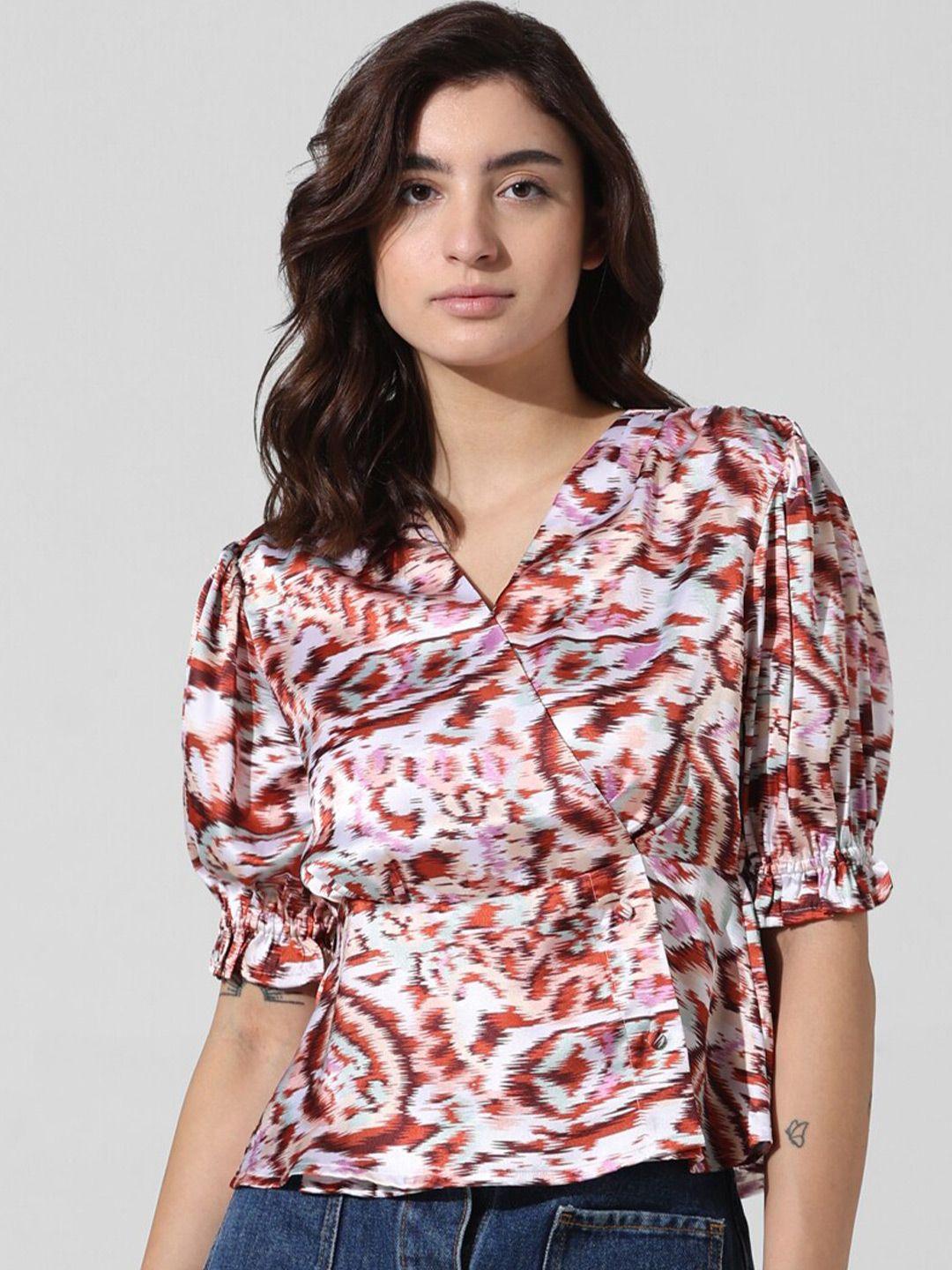 only print mandarin collar puff sleeve top