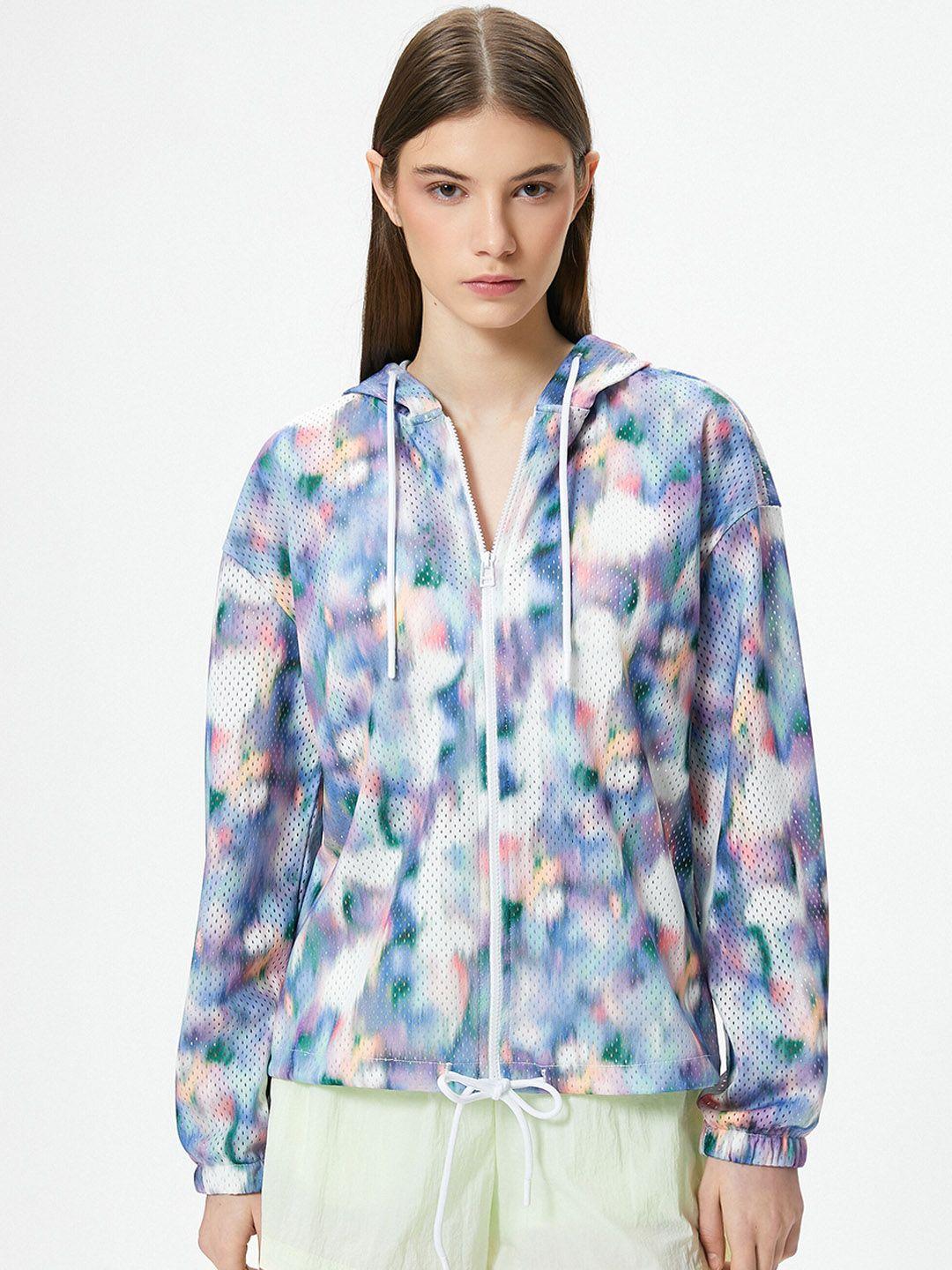 koton abstract printed hooded open front jacket