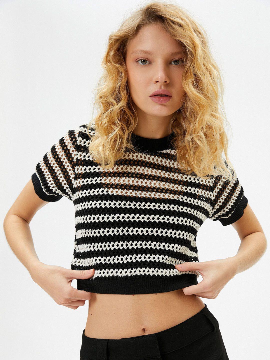 koton striped round neck crop t-shirt