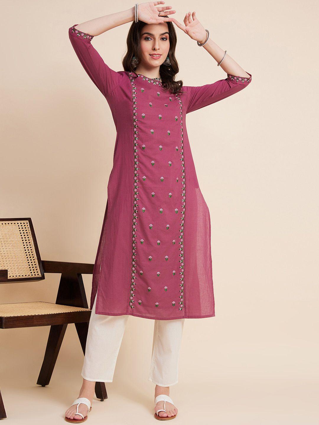 sangria floral embroidered pure cotton straight kurtas